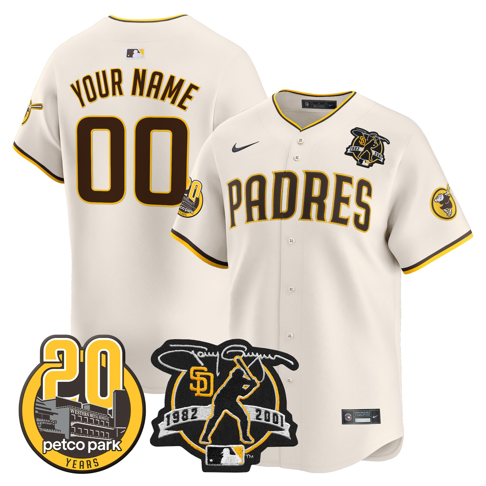 Padres Tony Gwynn & Petco Park 20th Patch Vapor Premier Limited Custom Jersey - All Stitched