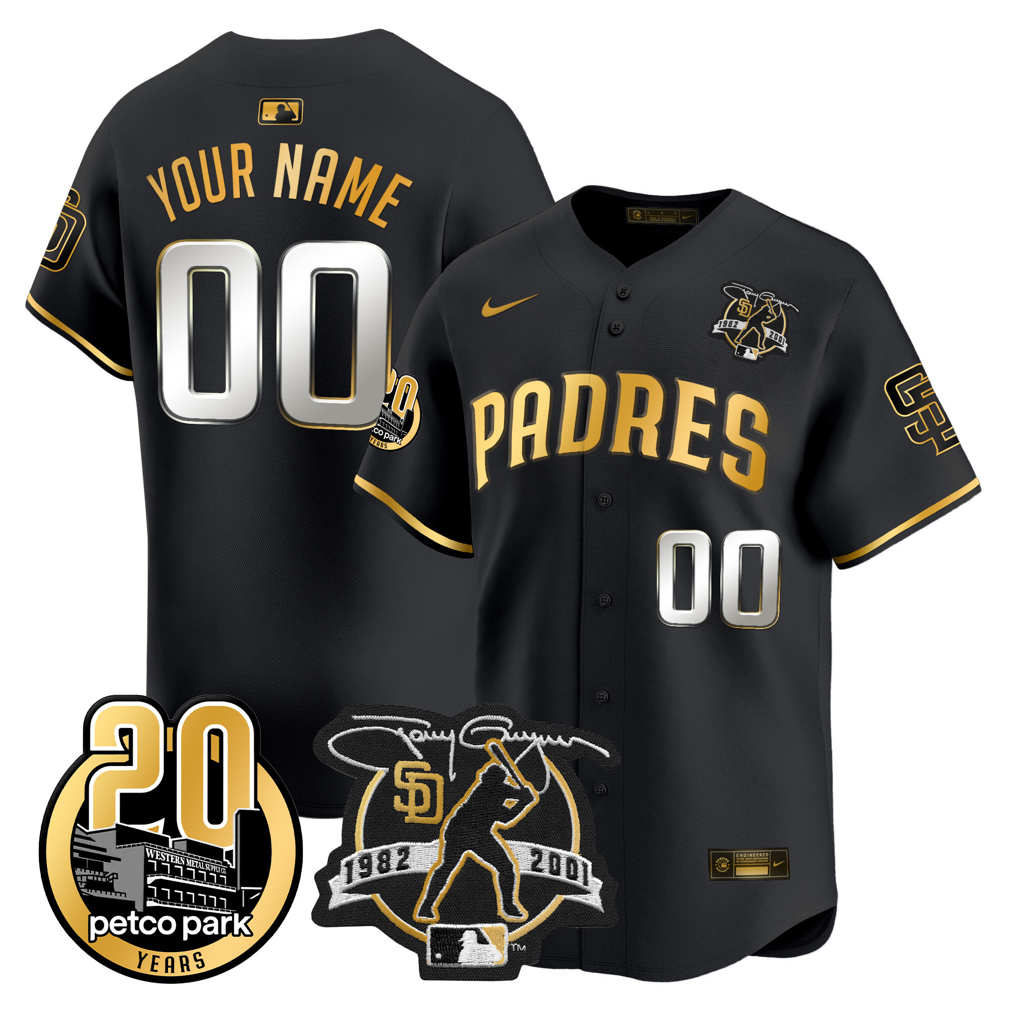 Padres Tony Gwynn & Petco Park 20th Patch Vapor Premier Limited Custom Jersey - All Stitched