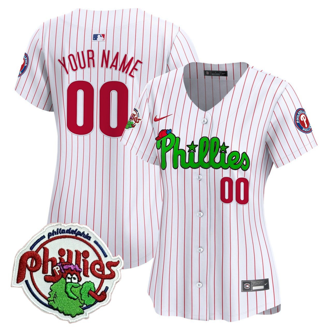 Phillies Phanatic Patch White Pinstripe Vapor Special Custom Jersey - All Stitched