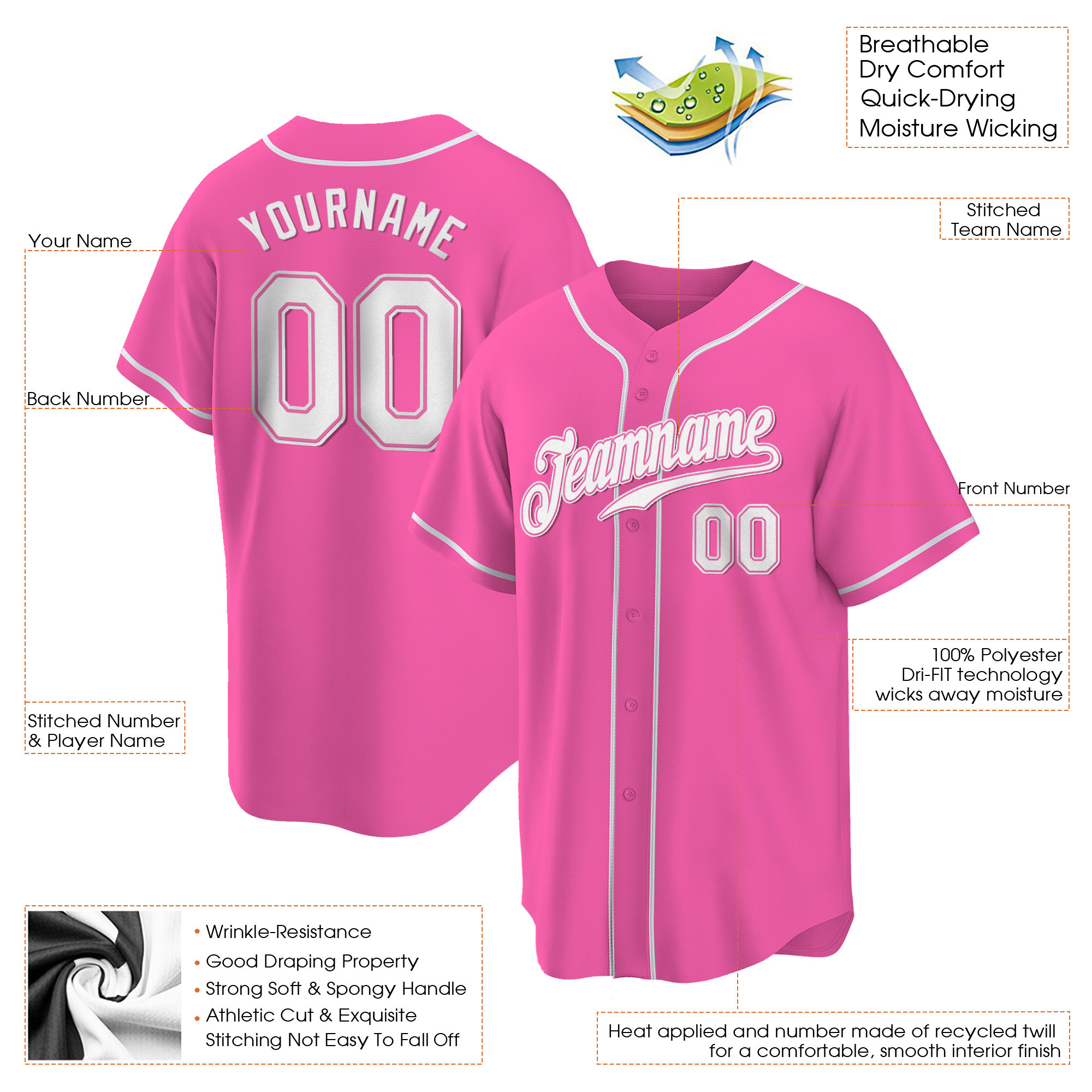 Pink White Custom Baseball Jersey