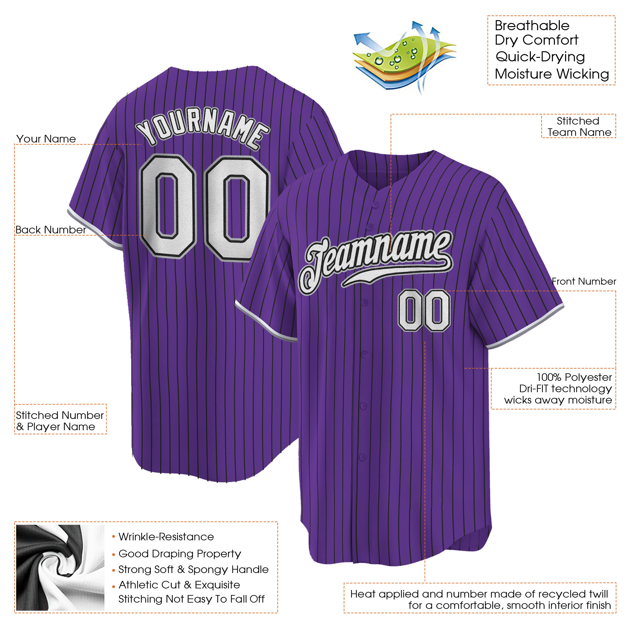 Purple Black Pinstripe White - Gray Custom Baseball Jersey