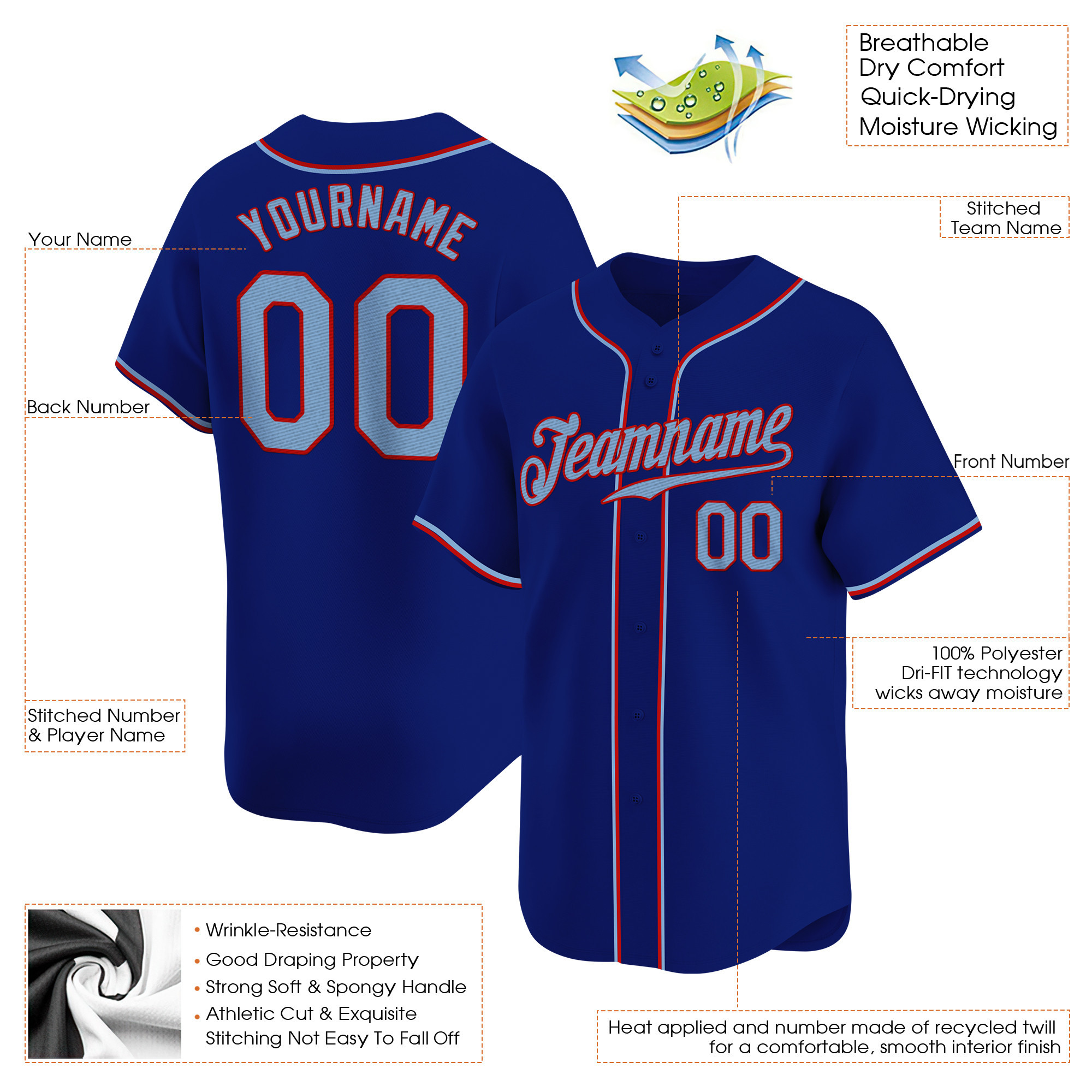 Royal Light Blue-Red Custom Baseball Jersey