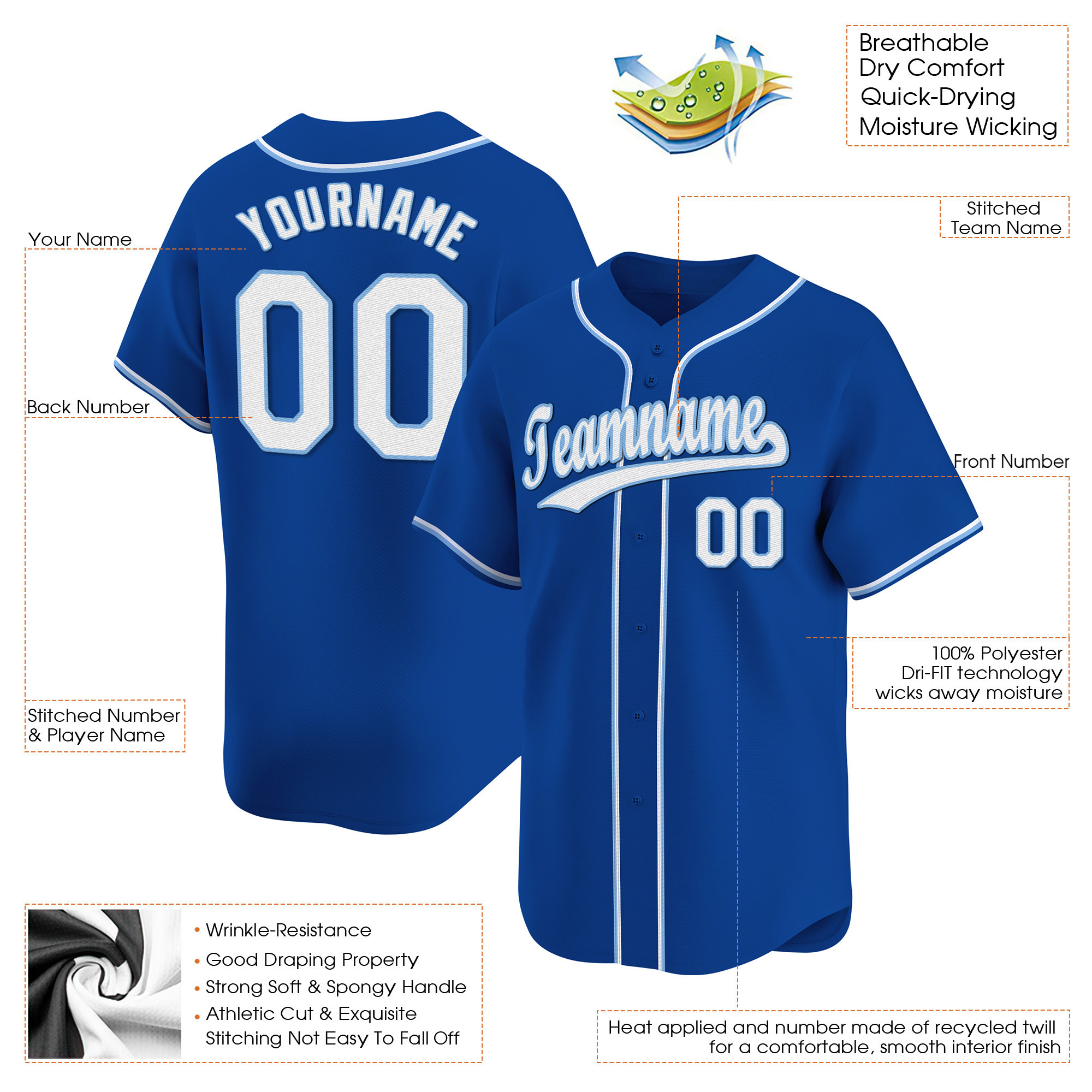 Royal White - Light Blue Custom Baseball Jersey