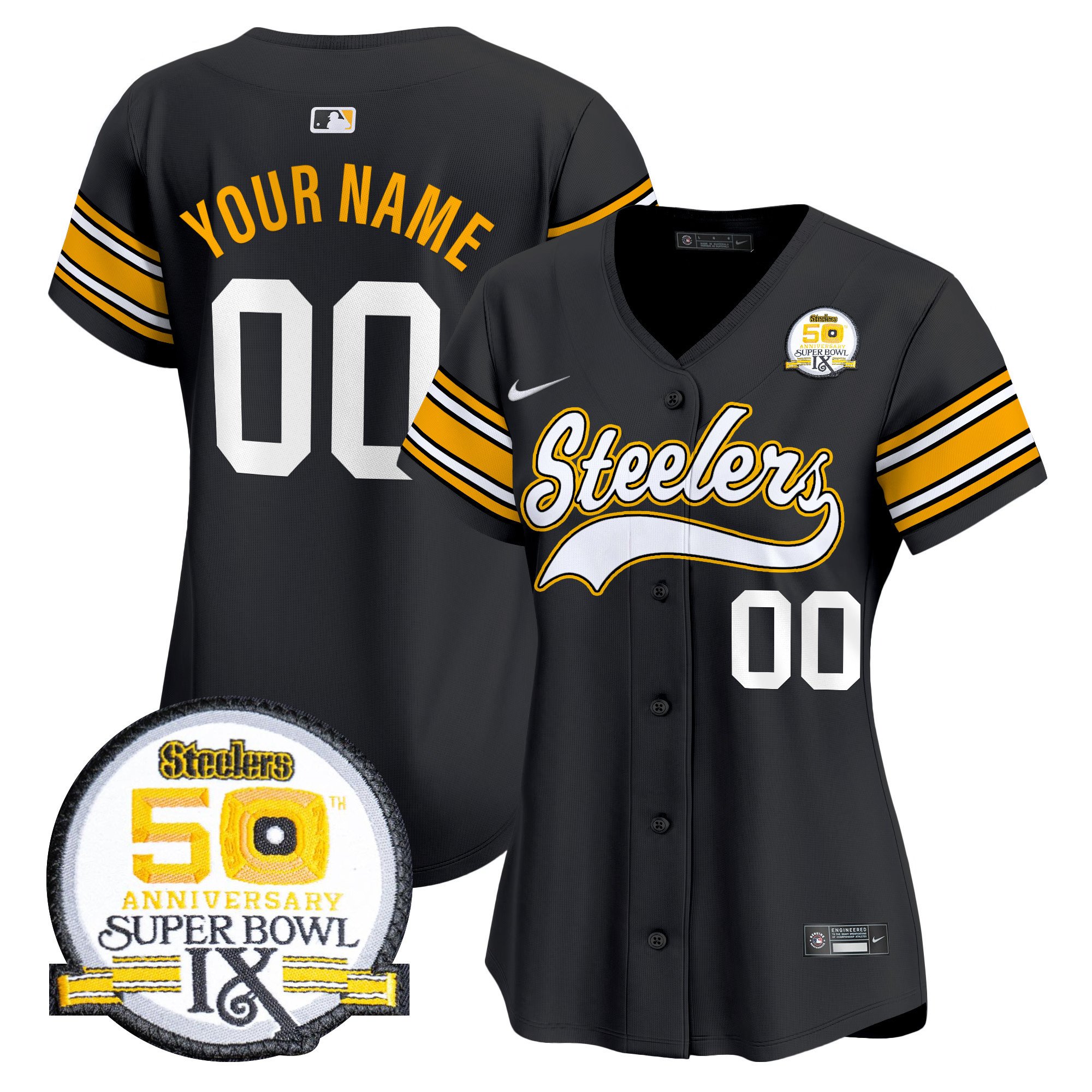 Steelers 50th Anniversary Of Super Bowl IX Patch Vapor Premier Baseball Custom Jersey - All Stitched