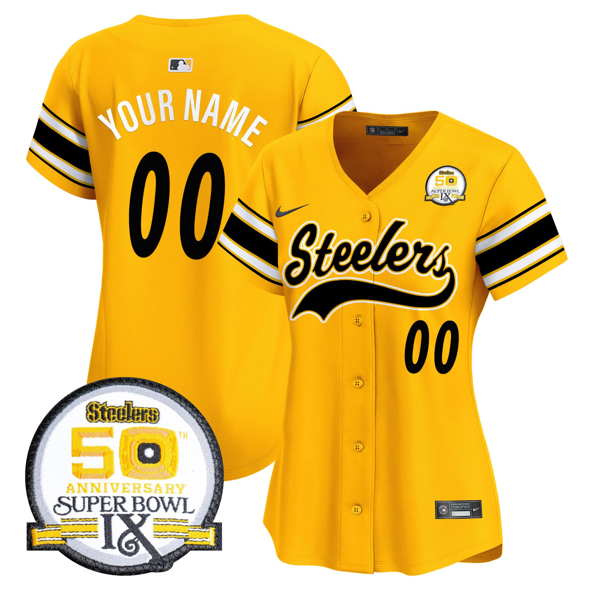 Steelers 50th Anniversary Of Super Bowl IX Patch Vapor Premier Baseball Custom Jersey - All Stitched