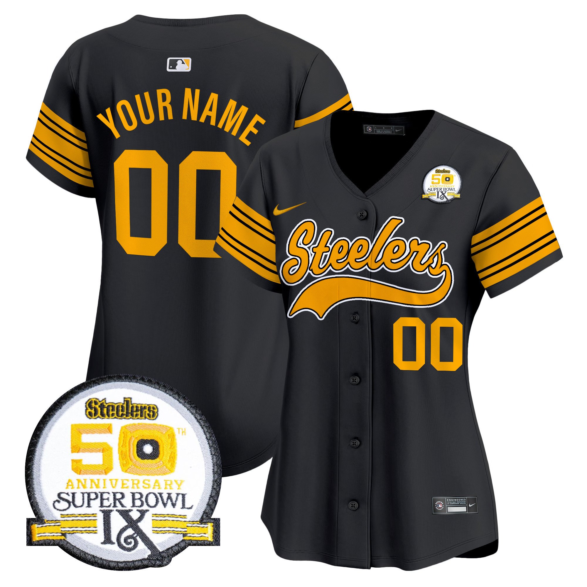 Steelers 50th Anniversary Of Super Bowl IX Patch Vapor Premier Baseball Custom Jersey - All Stitched