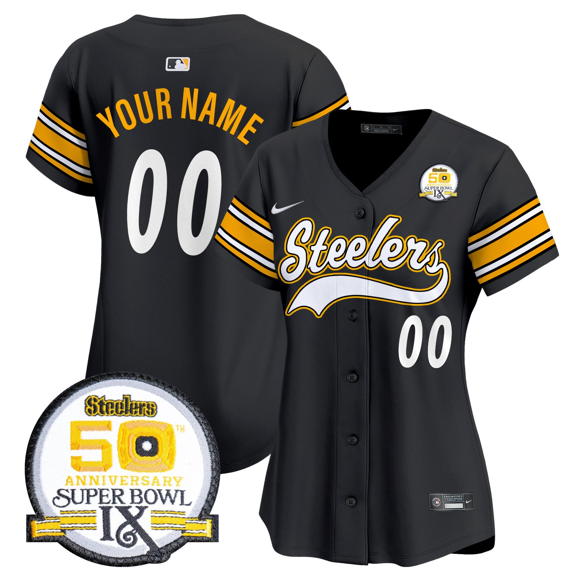 Steelers 50th Anniversary Of Super Bowl IX Patch Vapor Premier Baseball Custom Jersey - All Stitched