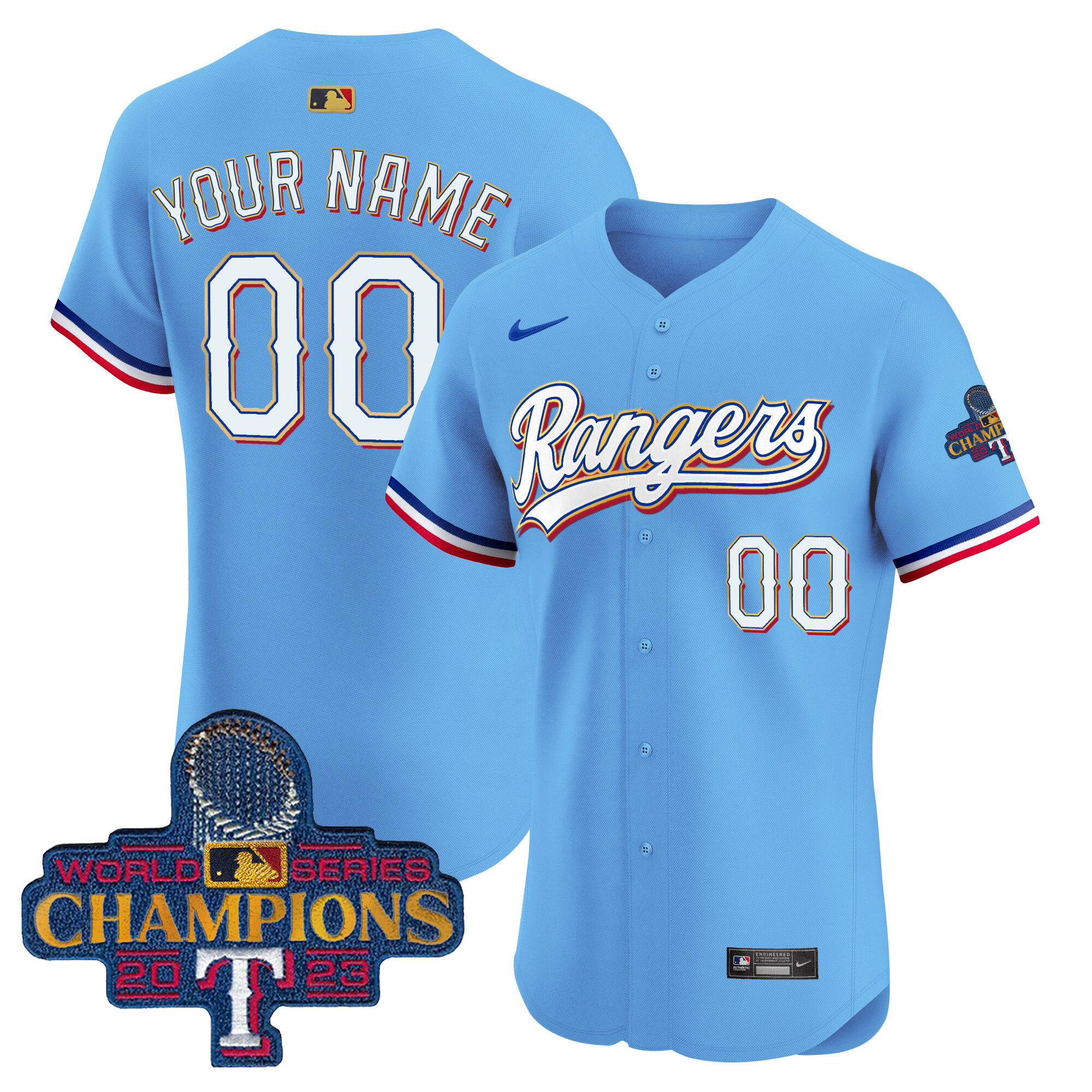 Texas Rangers 2023 World Series Champions Gold Trim Vapor Premier Elite Custom Jersey - All Stitched