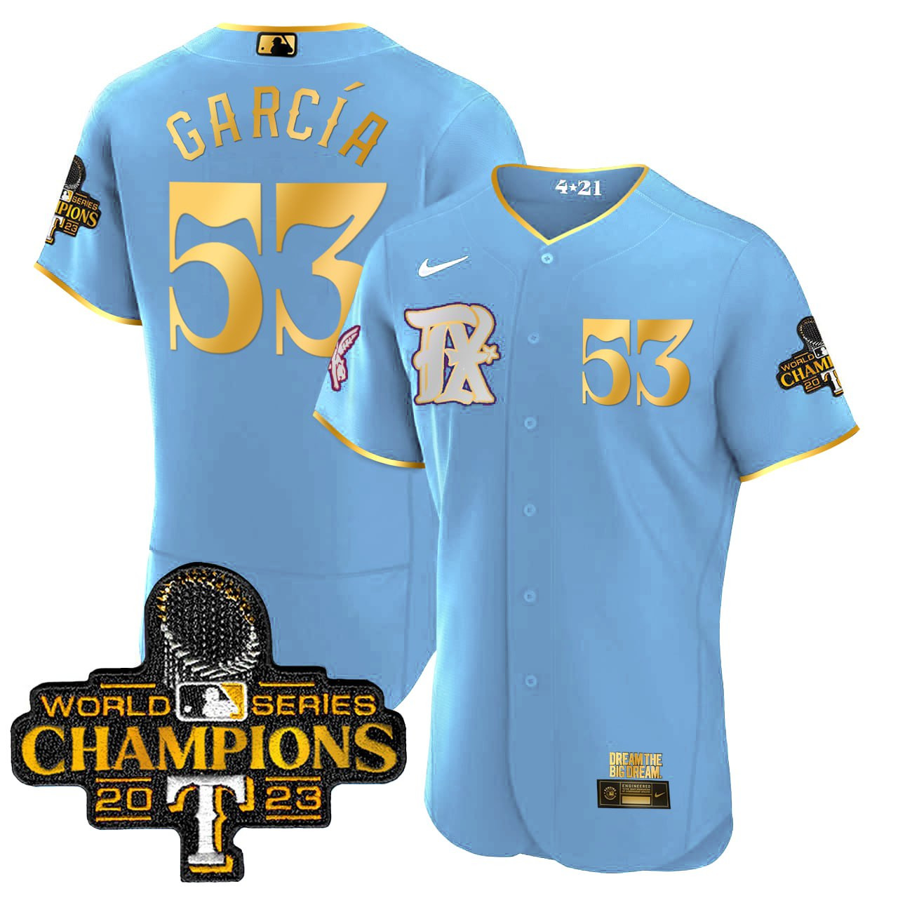 Texas Rangers 2023 World Series Champions Rangers Gold Trim Jersey - All Stitched