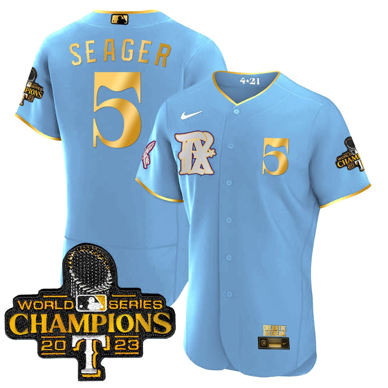 Texas Rangers 2023 World Series Champions Rangers Gold Trim Jersey - All Stitched