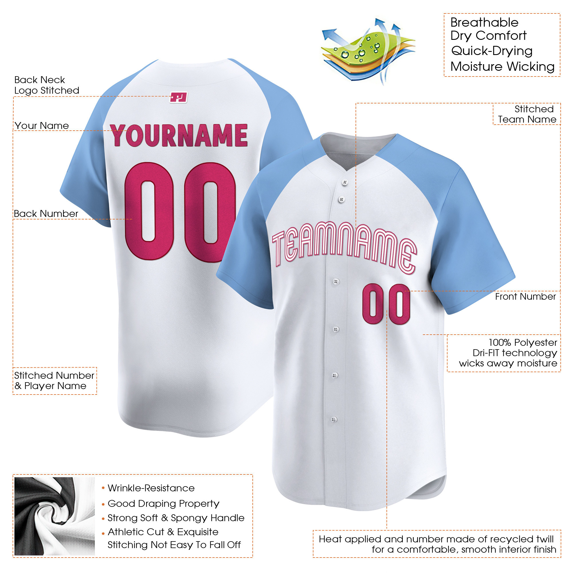 White- Light Blue Pink Custom Baseball Jersey