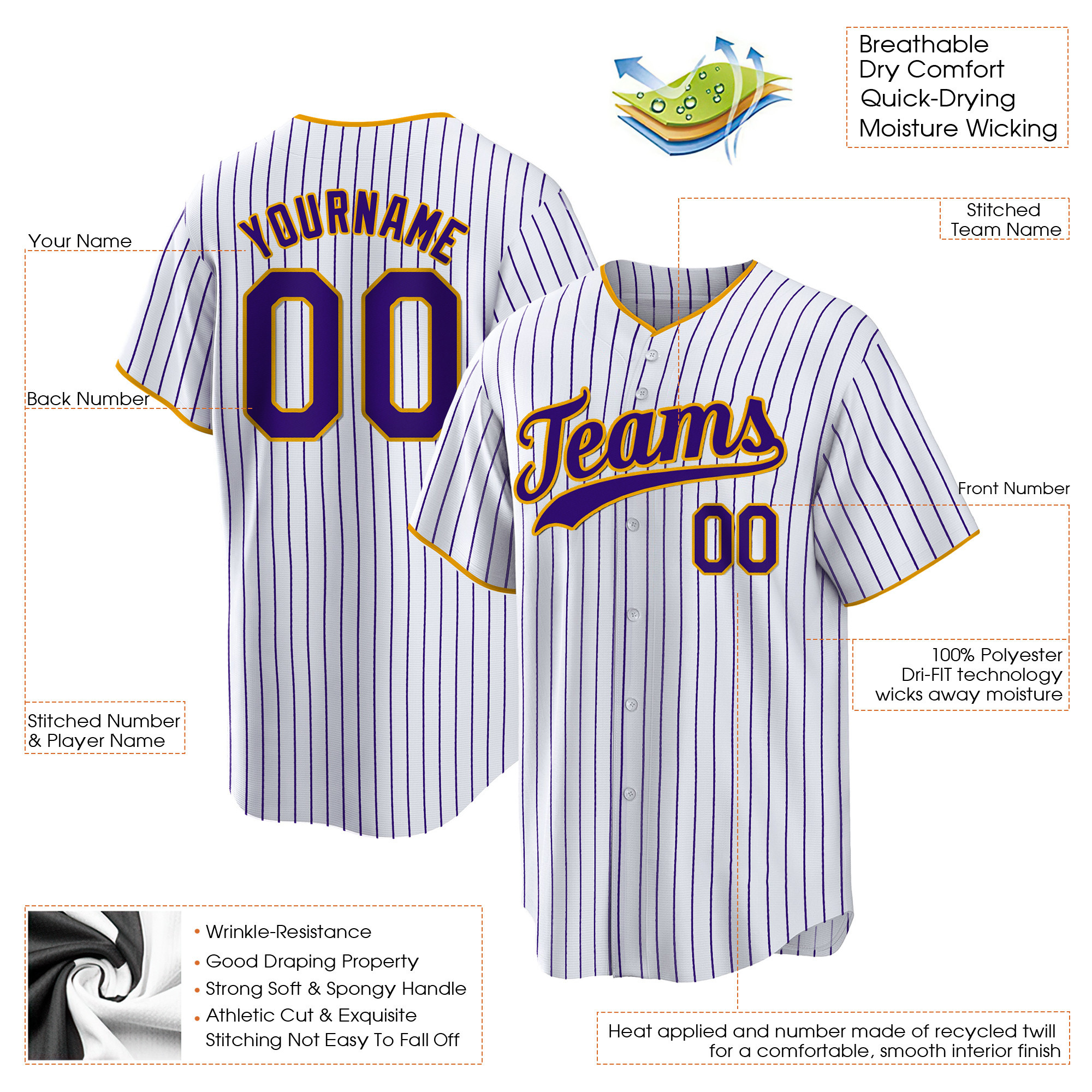 White Purple Pinstripe Purple-Gold Custom Baseball Jersey