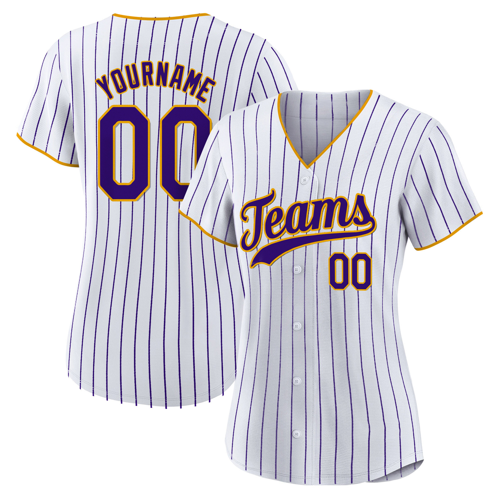 White Purple Pinstripe Purple-Gold Custom Baseball Jersey