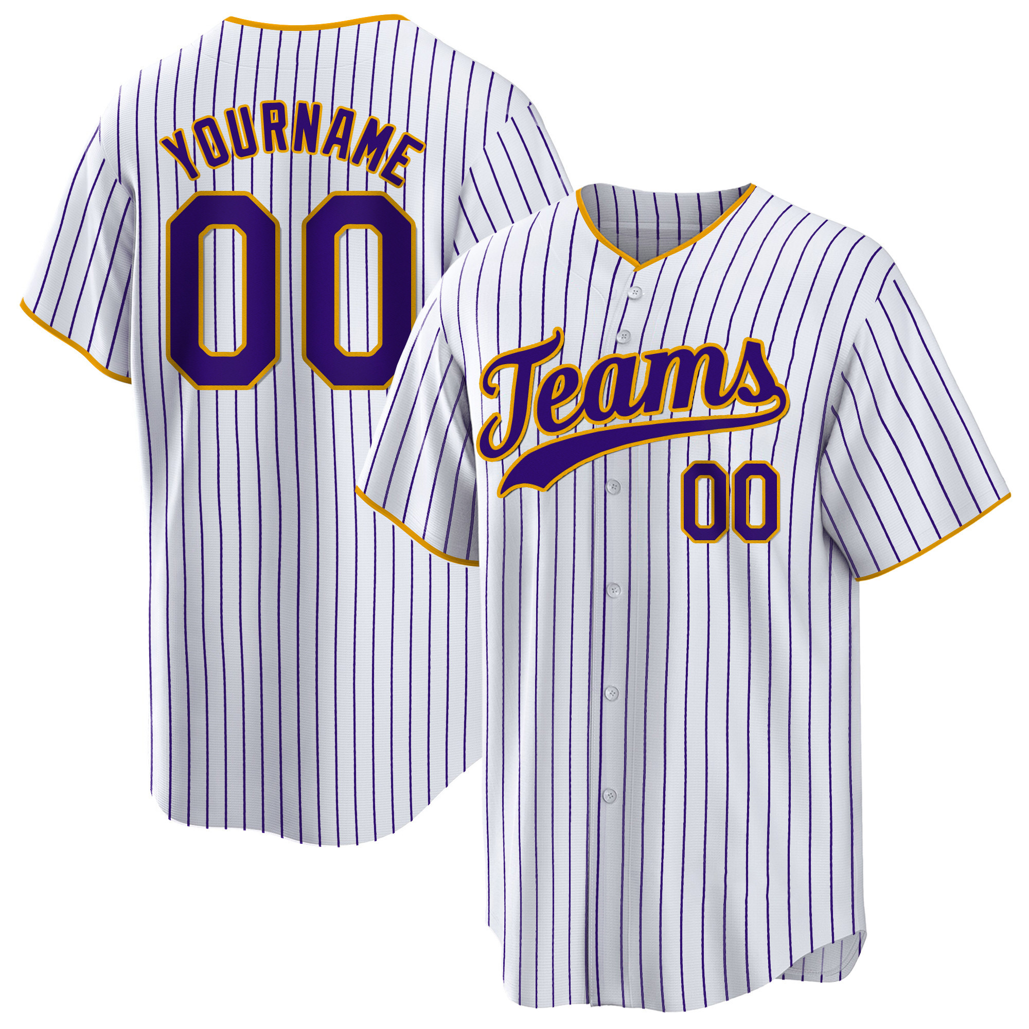 White Purple Pinstripe Purple-Gold Custom Baseball Jersey