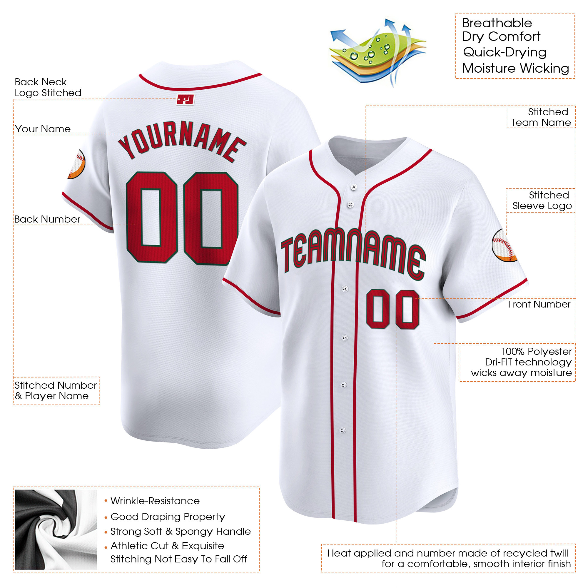 White Red Custom Baseball Jersey