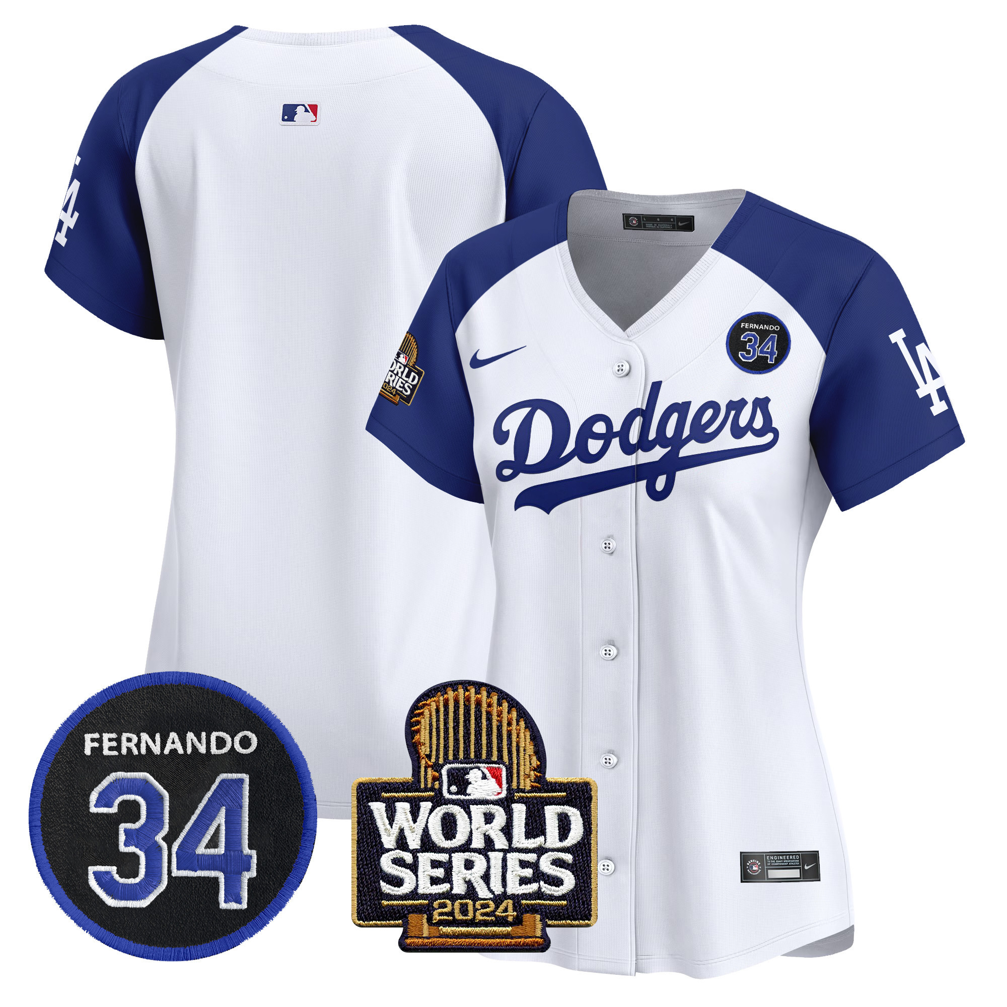 Women's Dodgers Fernando Valenzuela & 2024 World Series Patch Vapor Premier Limited Jersey V2 - All Stitched