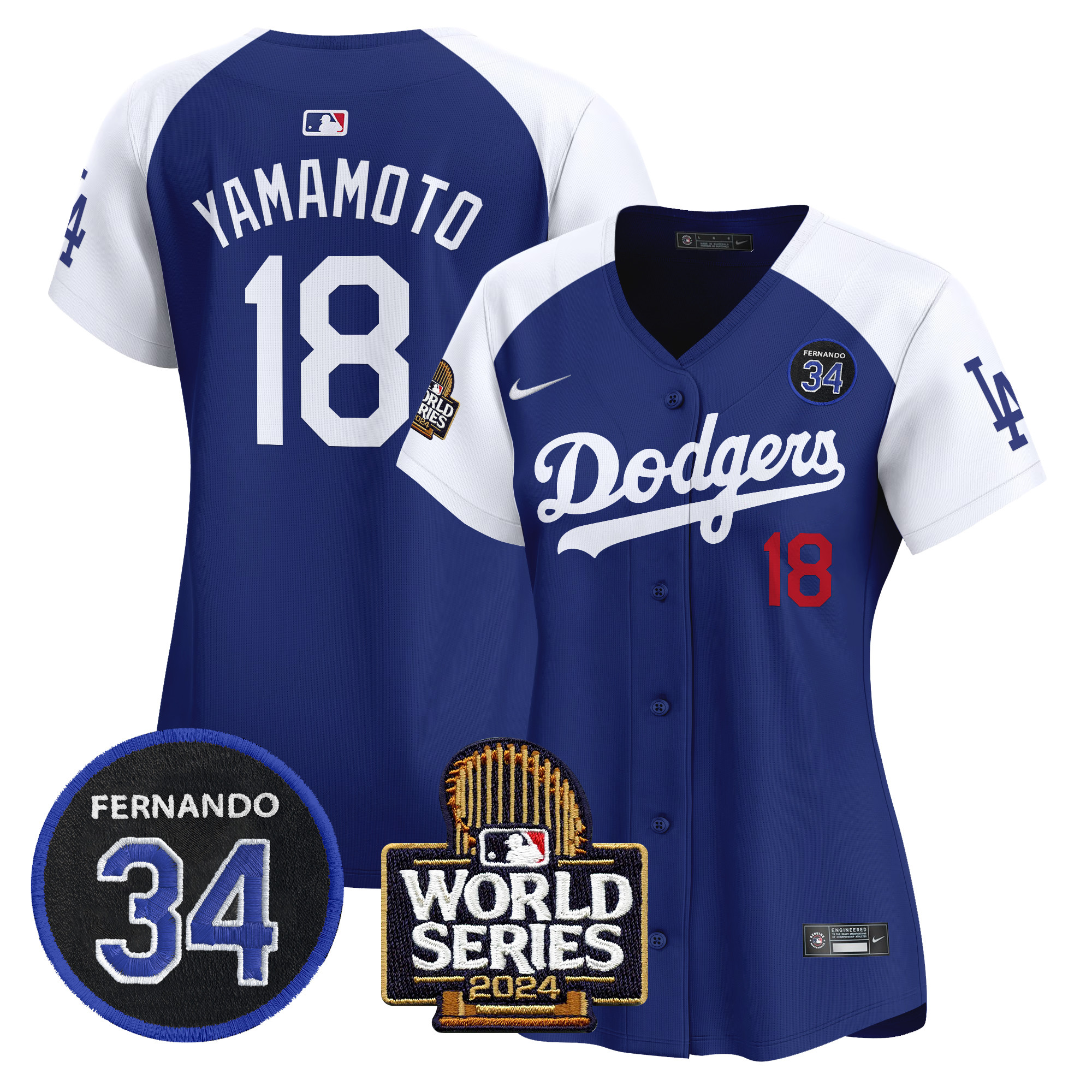 Women's Dodgers Fernando Valenzuela & 2024 World Series Patch Vapor Premier Limited Jersey V2 - All Stitched