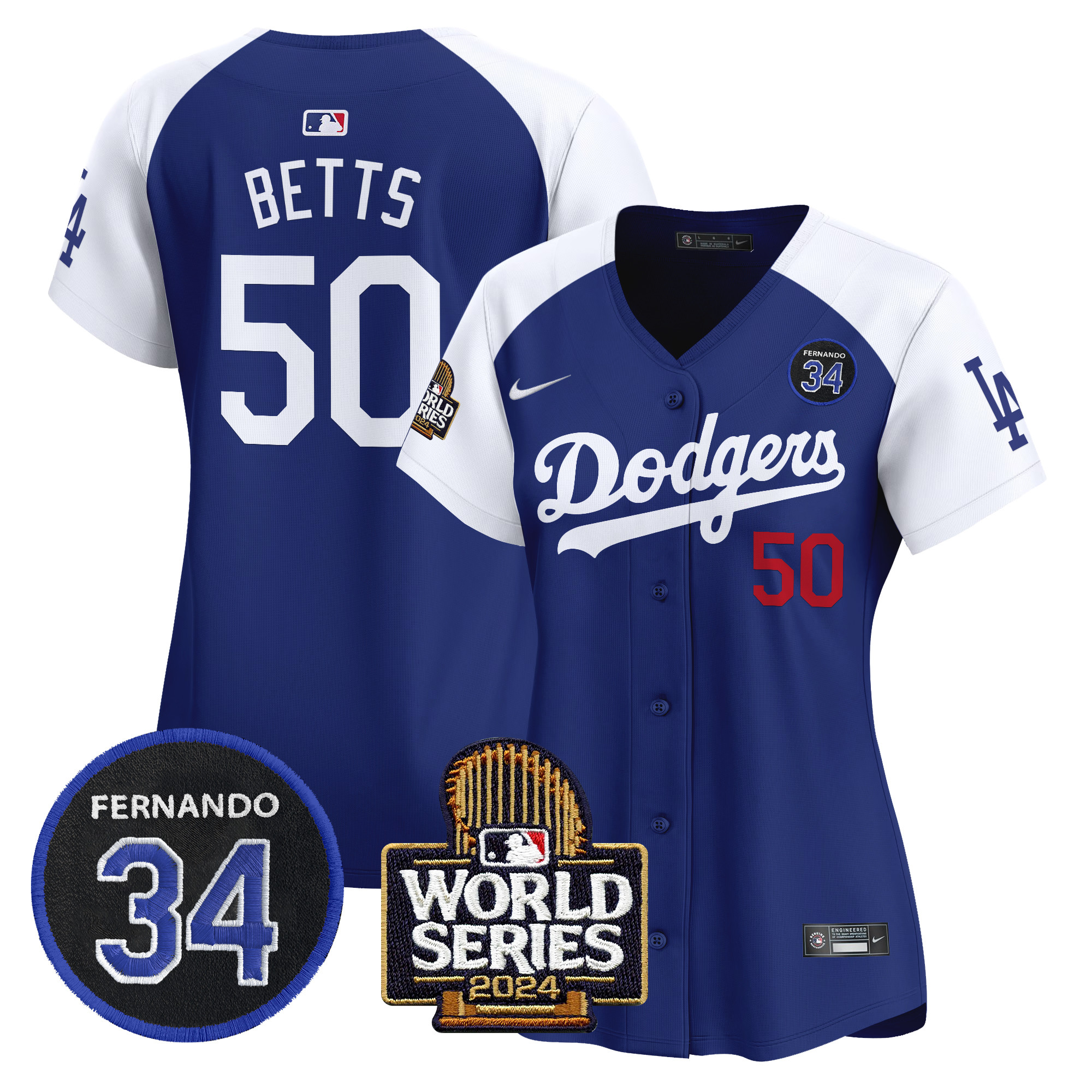 Women's Dodgers Fernando Valenzuela & 2024 World Series Patch Vapor Premier Limited Jersey V2 - All Stitched