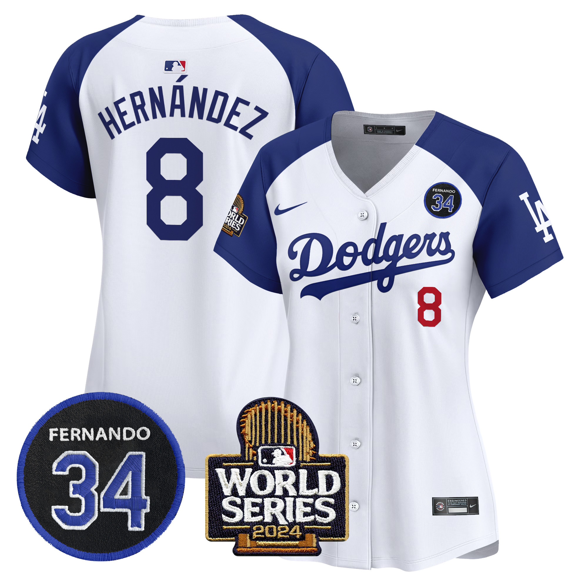 Women's Dodgers Fernando Valenzuela & 2024 World Series Patch Vapor Premier Limited Jersey V2 - All Stitched