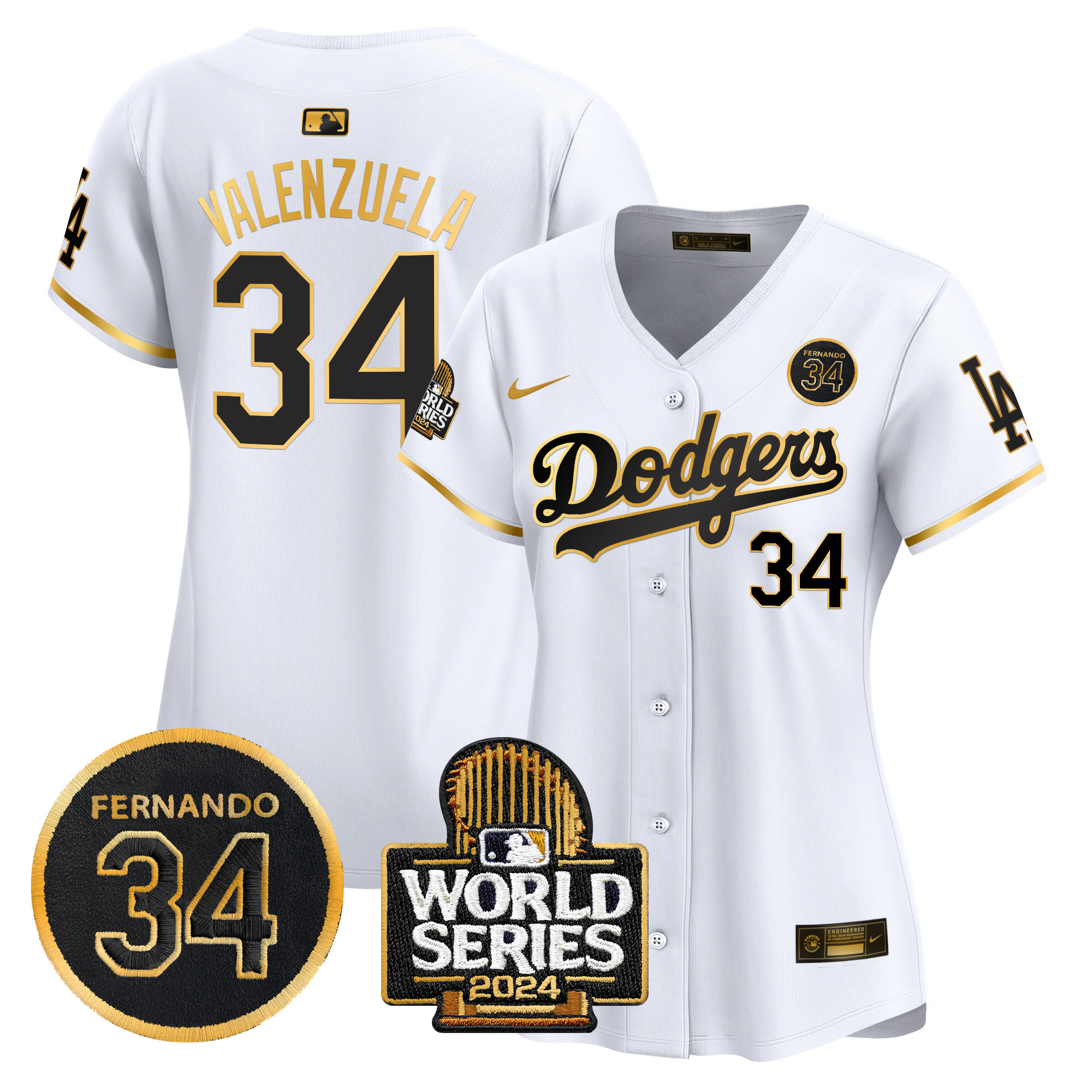 Women's Dodgers Fernando Valenzuela & 2024 World Series Patch Vapor Premier Limited Jersey V2 - All Stitched