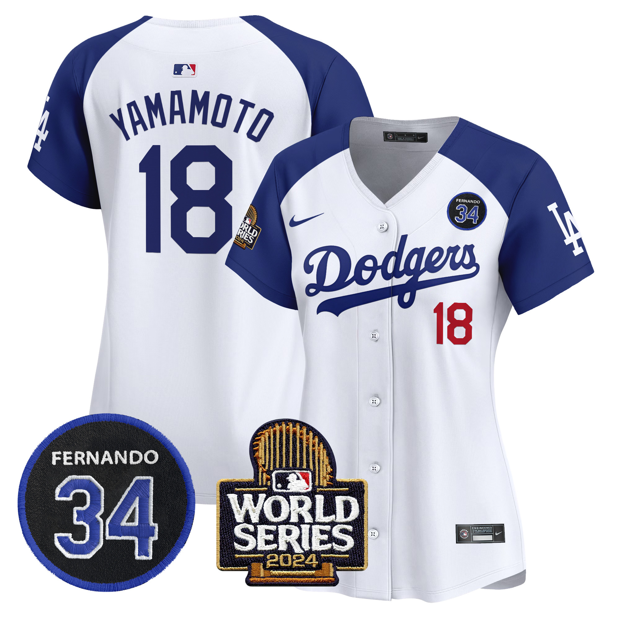 Women's Dodgers Fernando Valenzuela & 2024 World Series Patch Vapor Premier Limited Jersey V2 - All Stitched