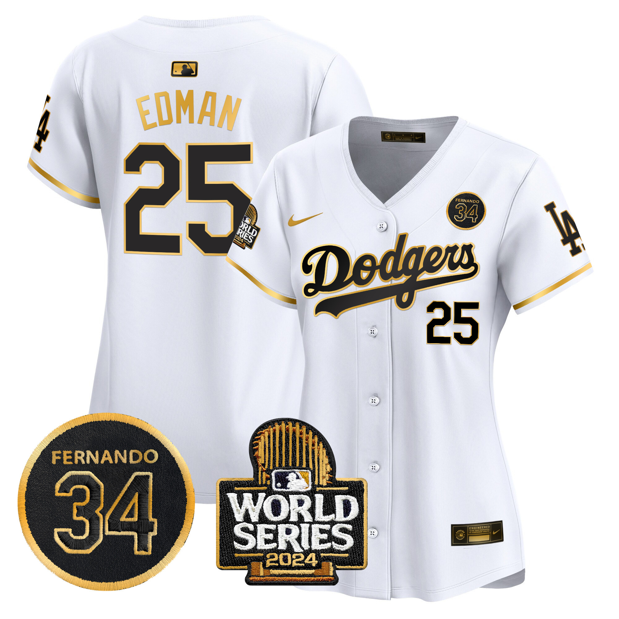 Women's Dodgers Fernando Valenzuela & 2024 World Series Patch Vapor Premier Limited Jersey V2 - All Stitched