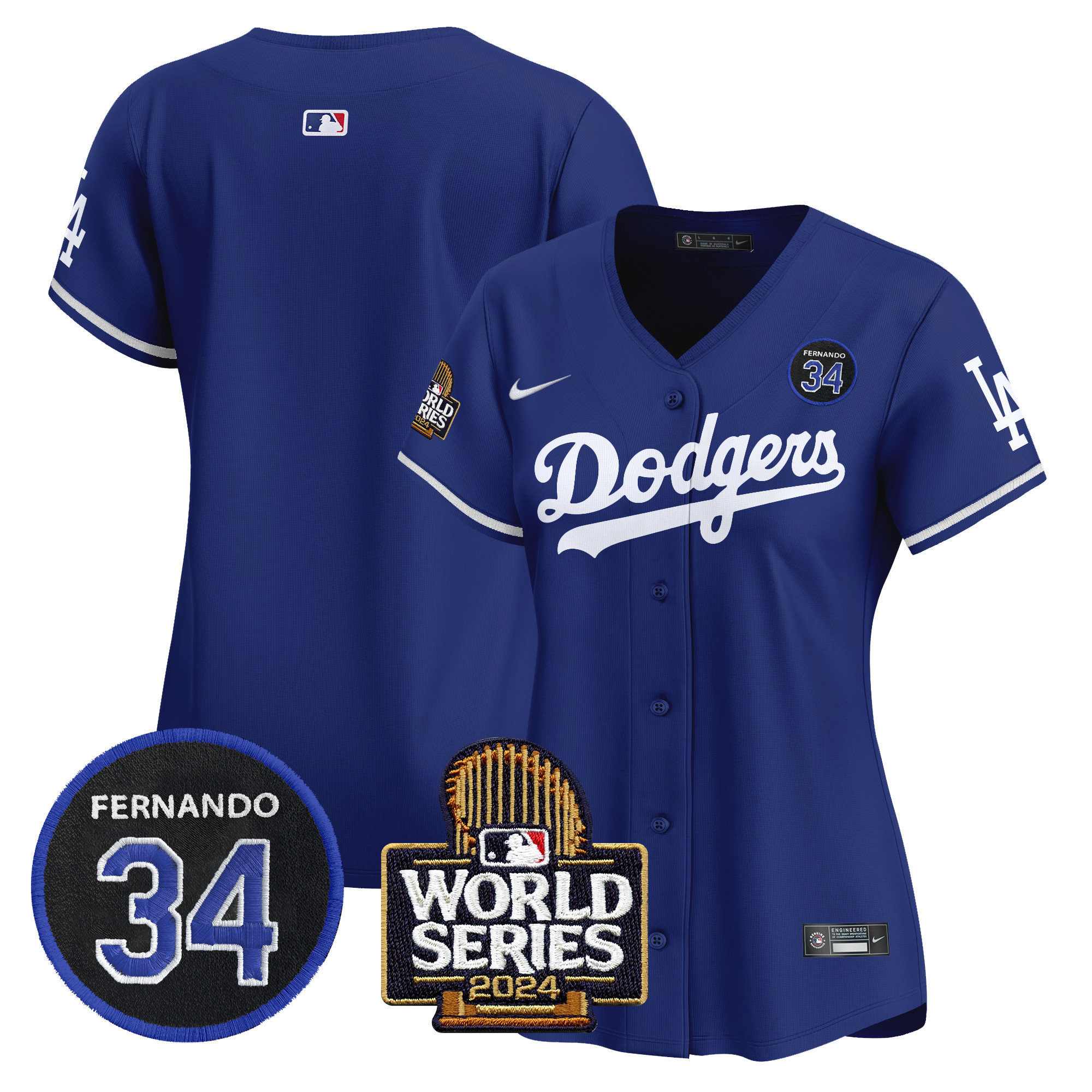Women's Dodgers Fernando Valenzuela & 2024 World Series Patch Vapor Premier Limited Jersey V2 - All Stitched