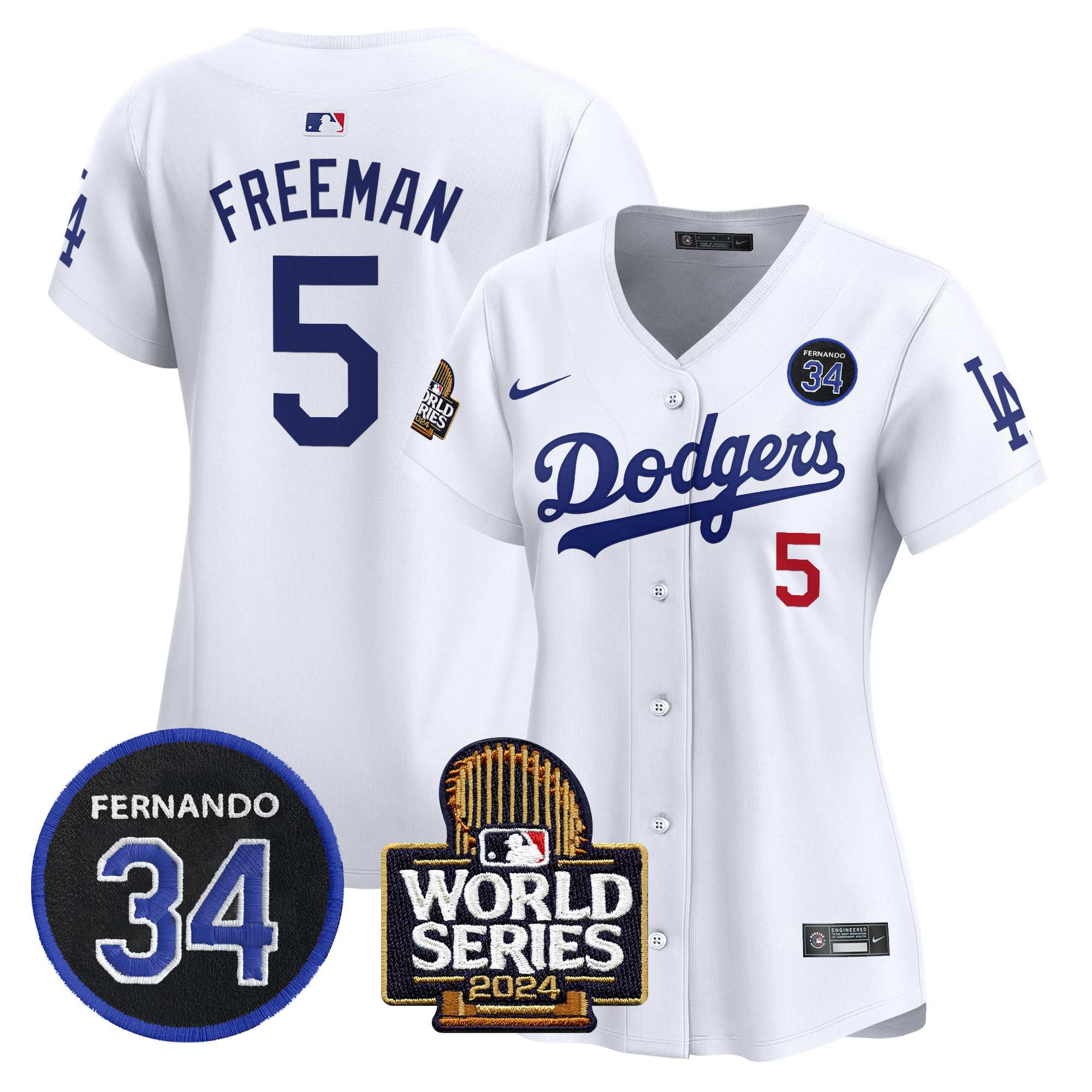 Women's Dodgers Fernando Valenzuela & 2024 World Series Patch Vapor Premier Limited Jersey V2 - All Stitched