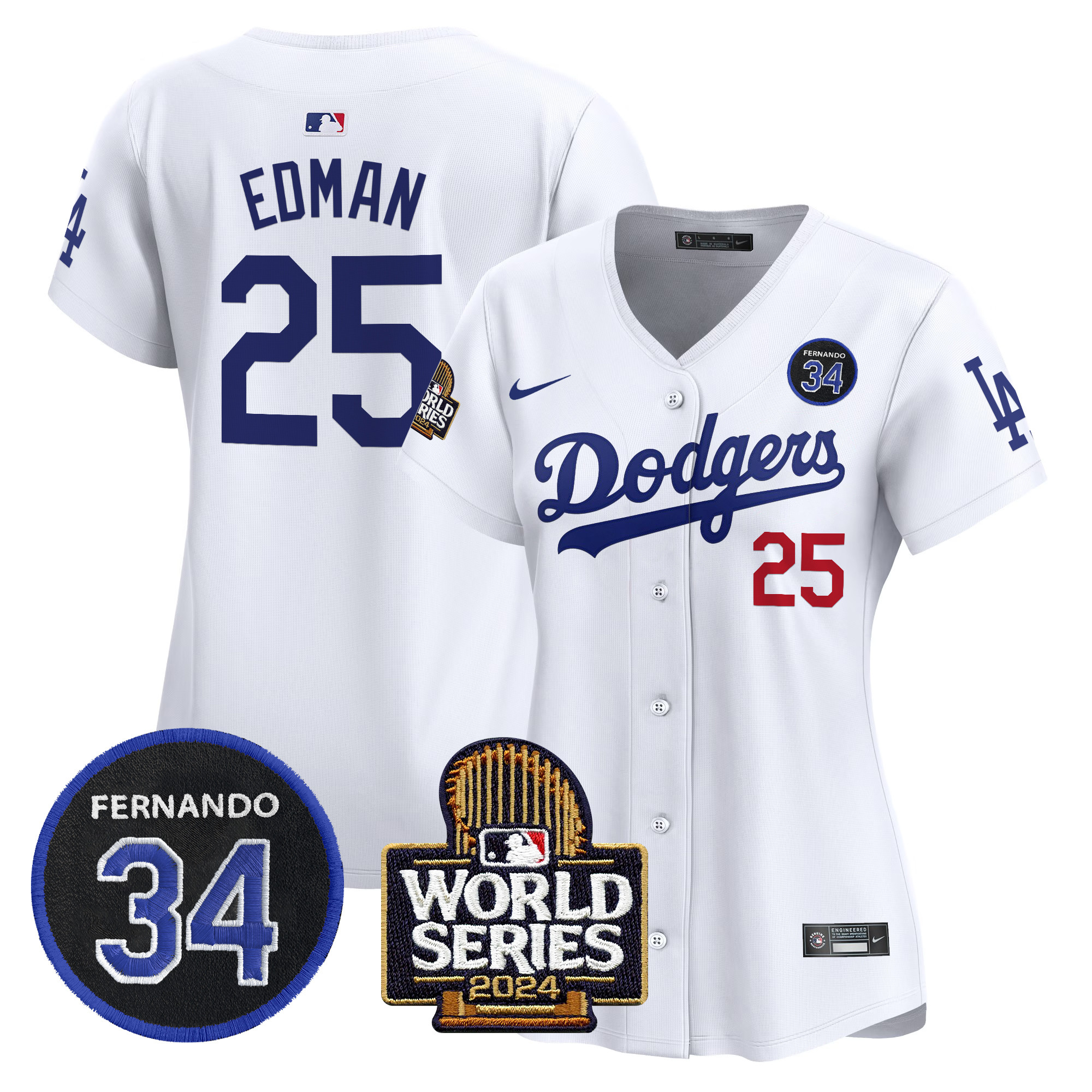 Women's Dodgers Fernando Valenzuela & 2024 World Series Patch Vapor Premier Limited Jersey V2 - All Stitched
