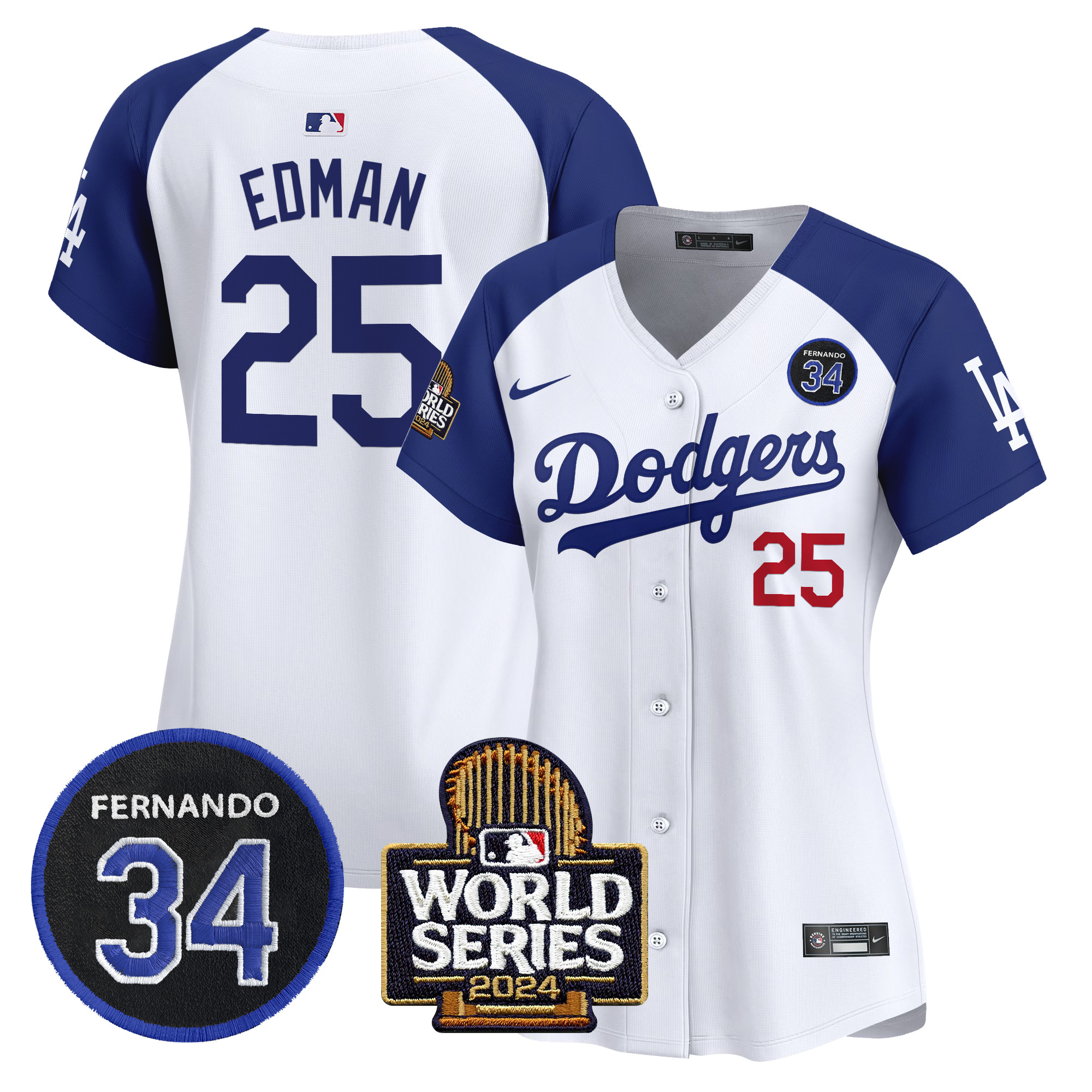 Women's Dodgers Fernando Valenzuela & 2024 World Series Patch Vapor Premier Limited Jersey V2 - All Stitched
