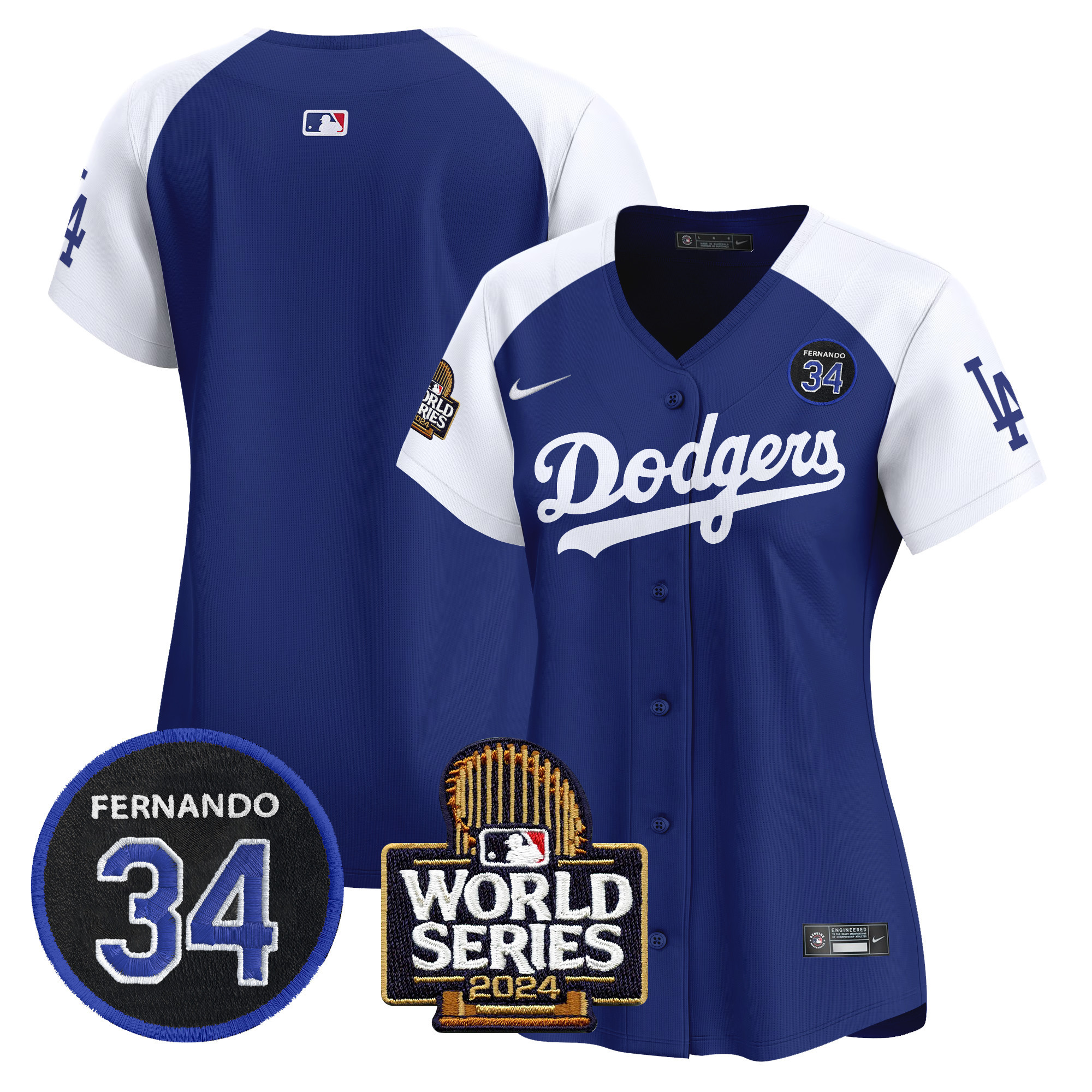 Women's Dodgers Fernando Valenzuela & 2024 World Series Patch Vapor Premier Limited Jersey V2 - All Stitched