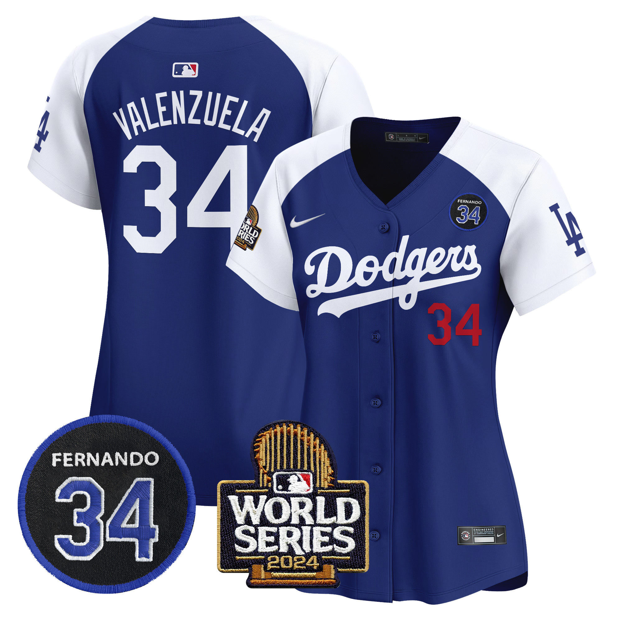 Women's Dodgers Fernando Valenzuela & 2024 World Series Patch Vapor Premier Limited Jersey V2 - All Stitched