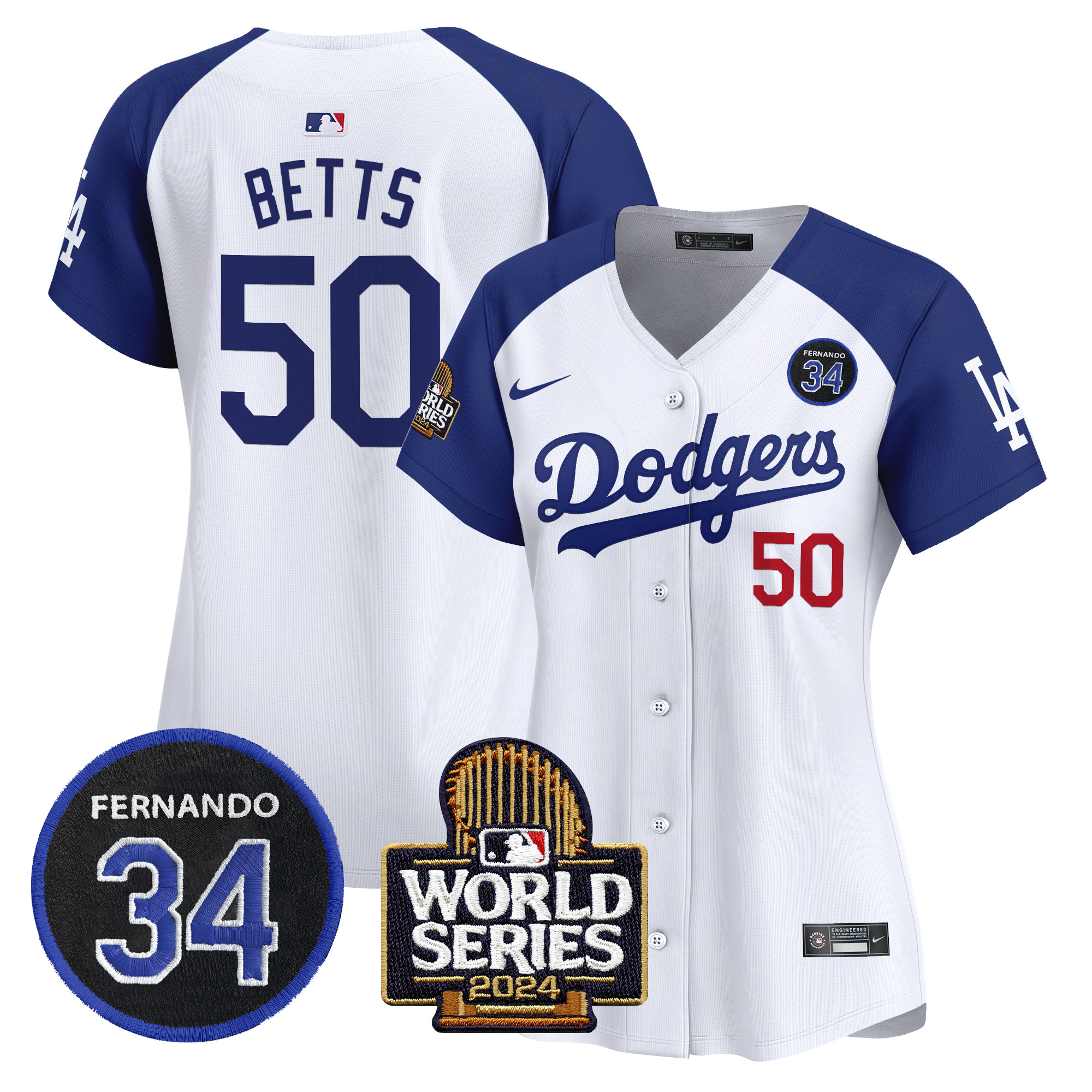Women's Dodgers Fernando Valenzuela & 2024 World Series Patch Vapor Premier Limited Jersey V2 - All Stitched
