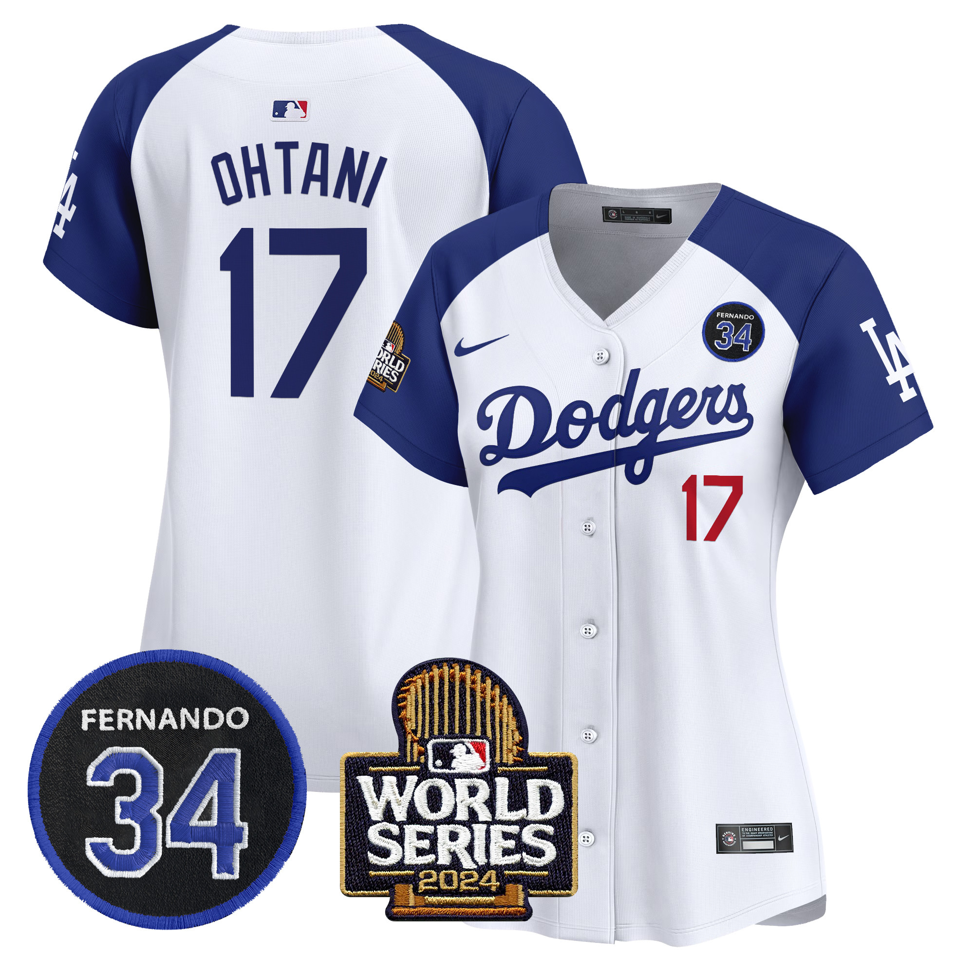 Women's Dodgers Fernando Valenzuela & 2024 World Series Patch Vapor Premier Limited Jersey V2 - All Stitched