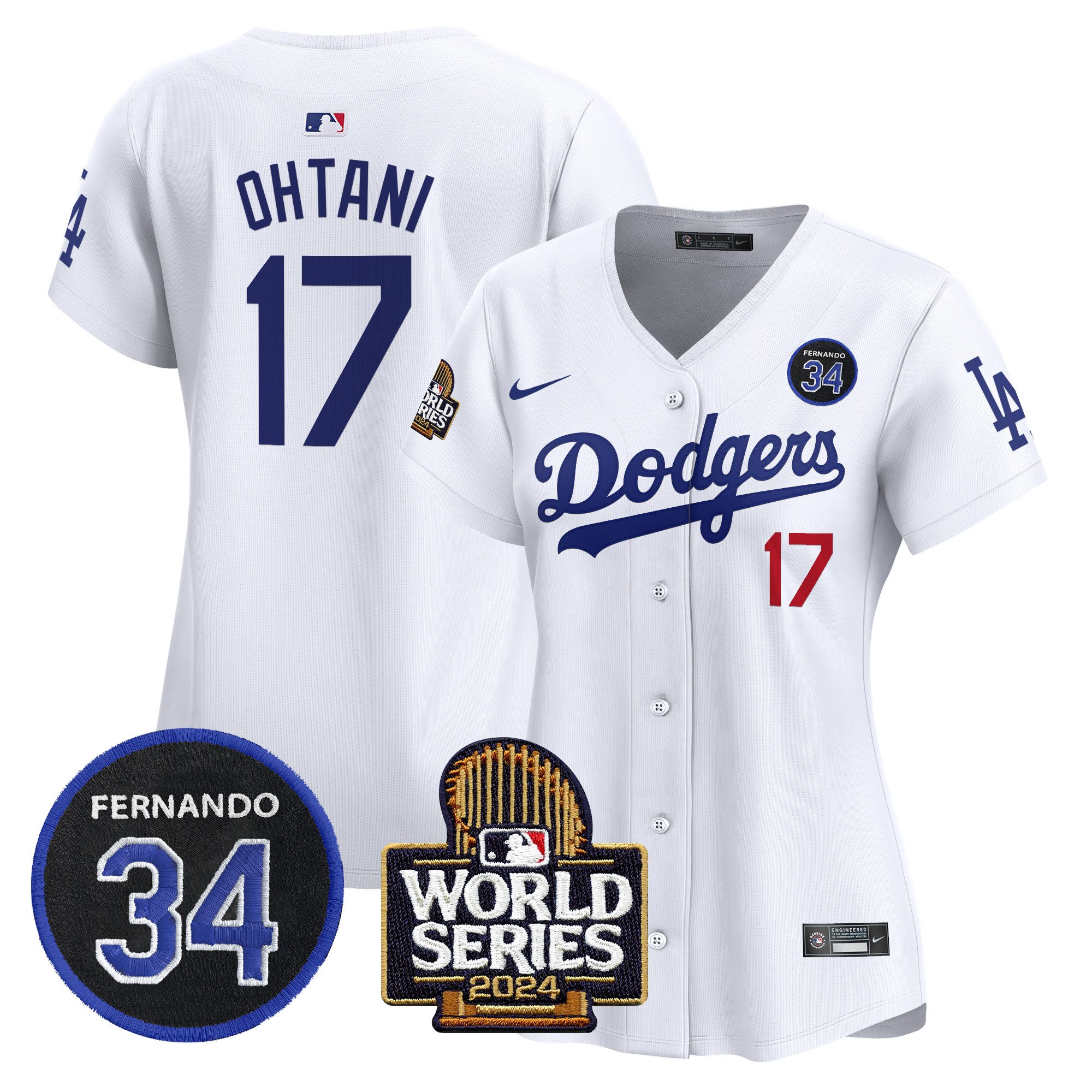 Women's Dodgers Fernando Valenzuela & 2024 World Series Patch Vapor Premier Limited Jersey V2 - All Stitched