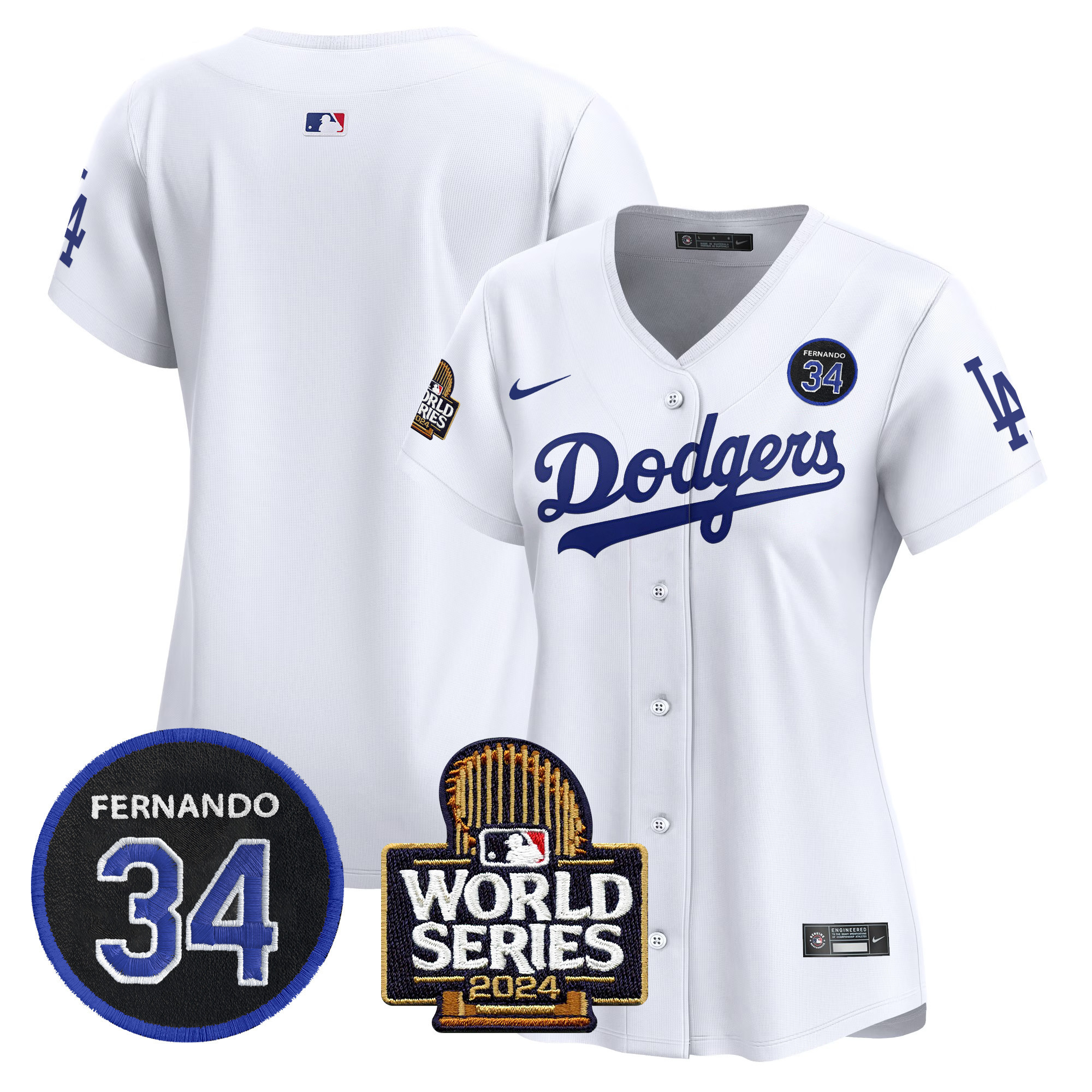 Women's Dodgers Fernando Valenzuela & 2024 World Series Patch Vapor Premier Limited Jersey V2 - All Stitched