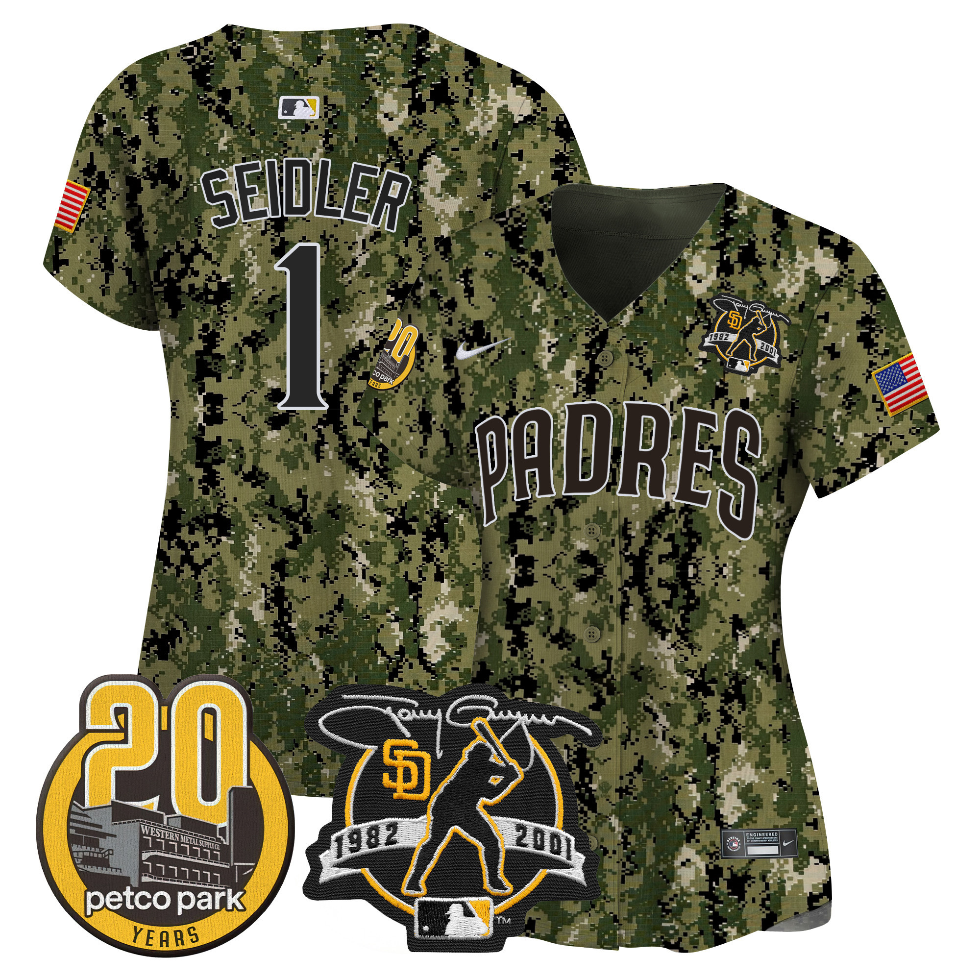 Women's Padres Tony Gwynn & Petco Park 20th Patch USMC Vapor Premier Limited Jersey – All Stitched