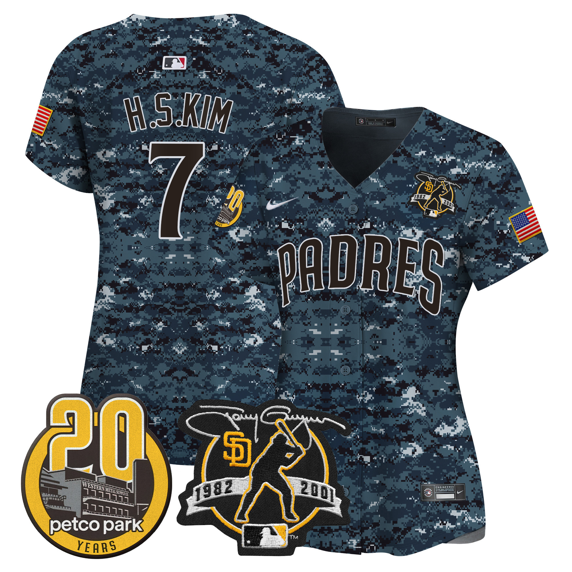 Women's Padres Tony Gwynn & Petco Park 20th Patch USMC Vapor Premier Limited Jersey – All Stitched