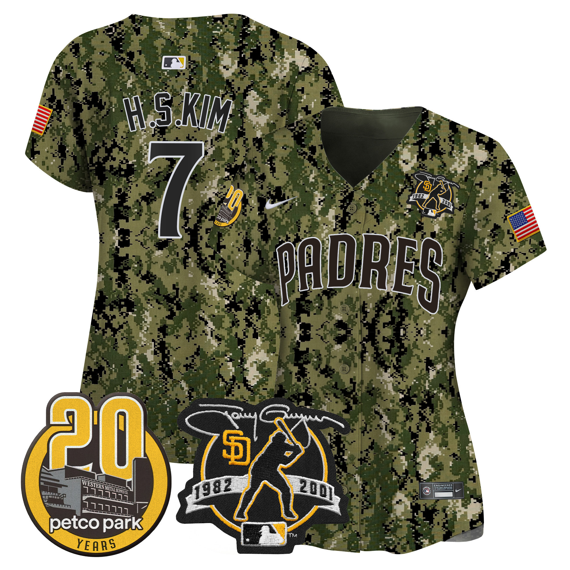 Women's Padres Tony Gwynn & Petco Park 20th Patch USMC Vapor Premier Limited Jersey – All Stitched