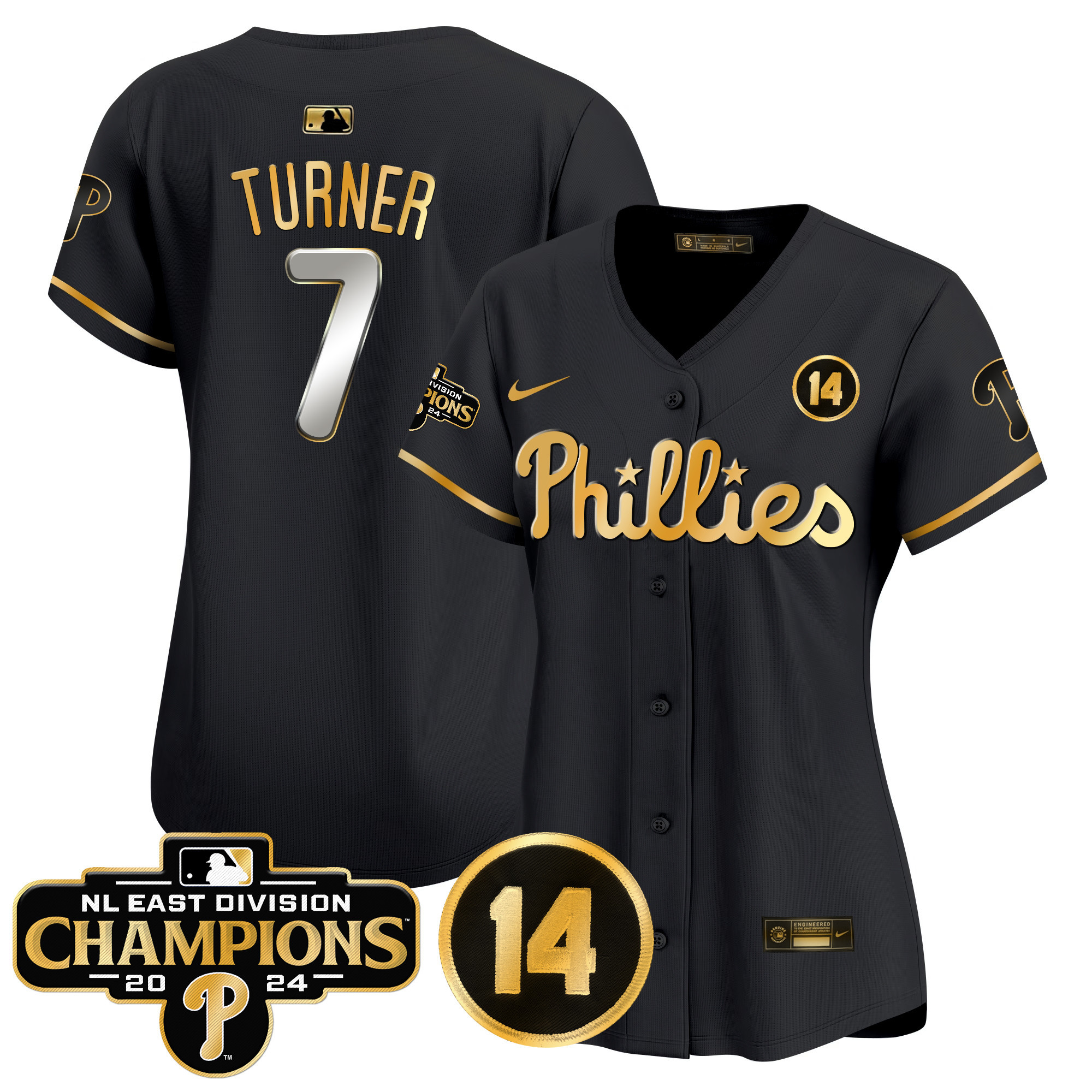 Women's Phillies 2024 NL East Division Champions & Pete Rose Patch Gold Vapor Premier Limited Jersey - All Stitched