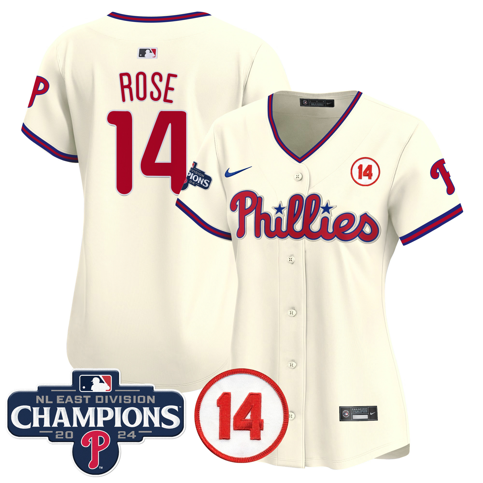 Women's Phillies 2024 NL East Division Champions & Pete Rose Patch Gold Vapor Premier Limited Jersey - All Stitched