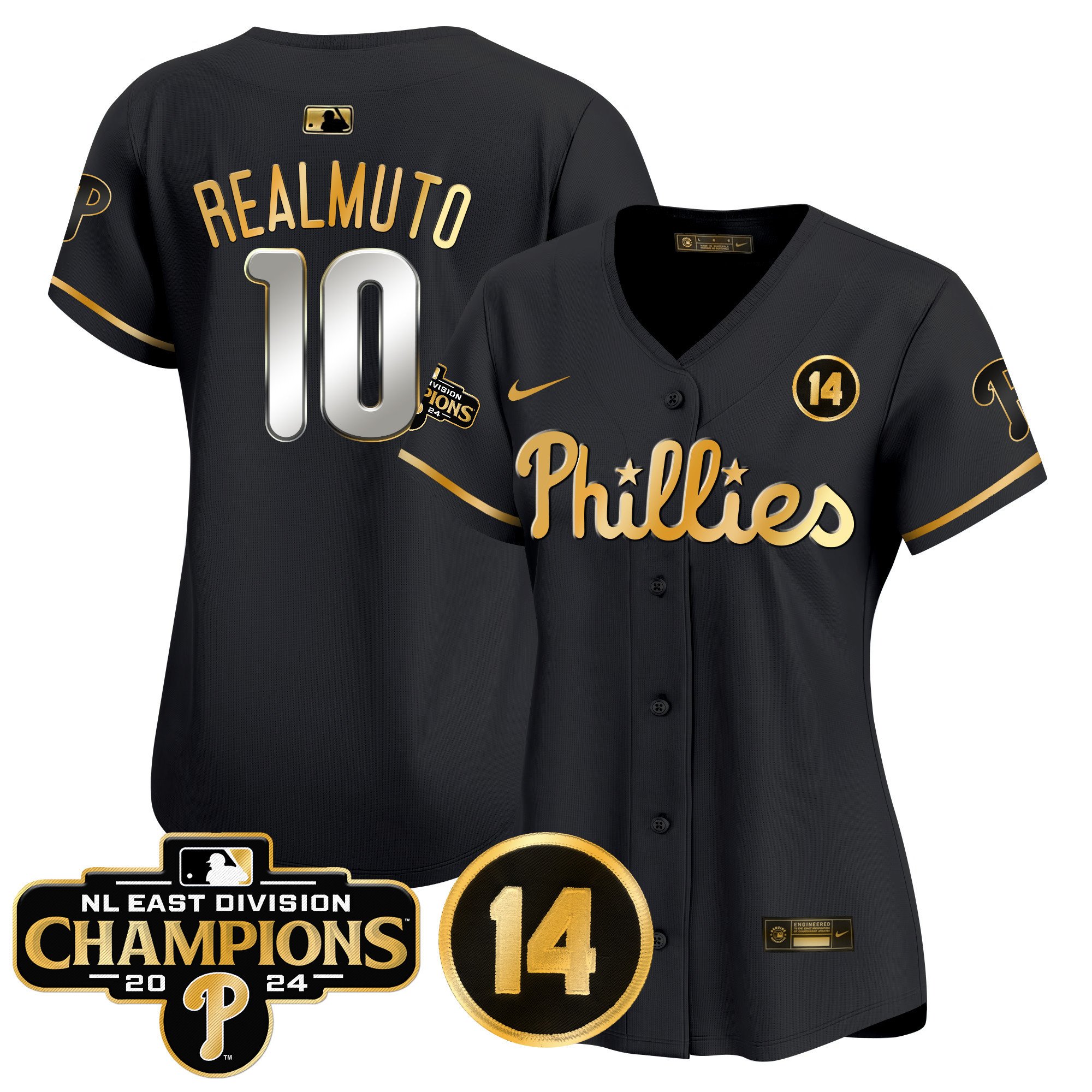 Women's Phillies 2024 NL East Division Champions & Pete Rose Patch Gold Vapor Premier Limited Jersey - All Stitched