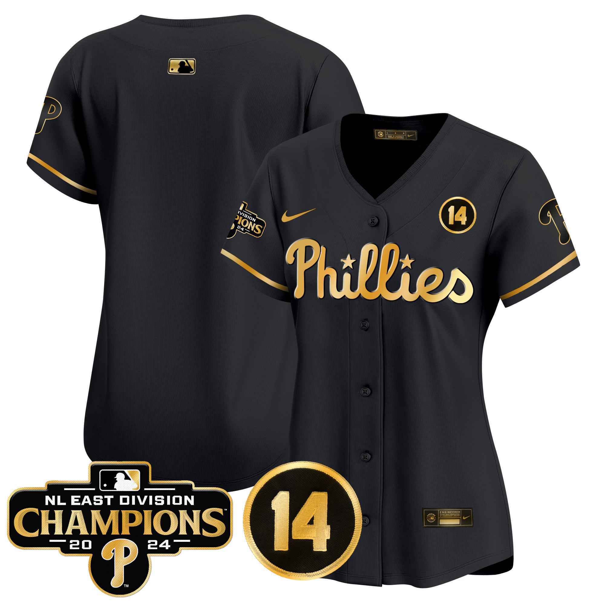 Women's Phillies 2024 NL East Division Champions & Pete Rose Patch Gold Vapor Premier Limited Jersey - All Stitched