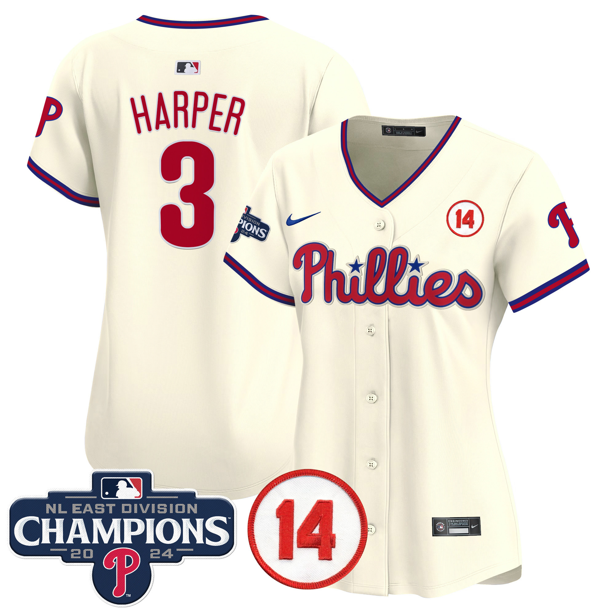 Women's Phillies 2024 NL East Division Champions & Pete Rose Patch Gold Vapor Premier Limited Jersey - All Stitched