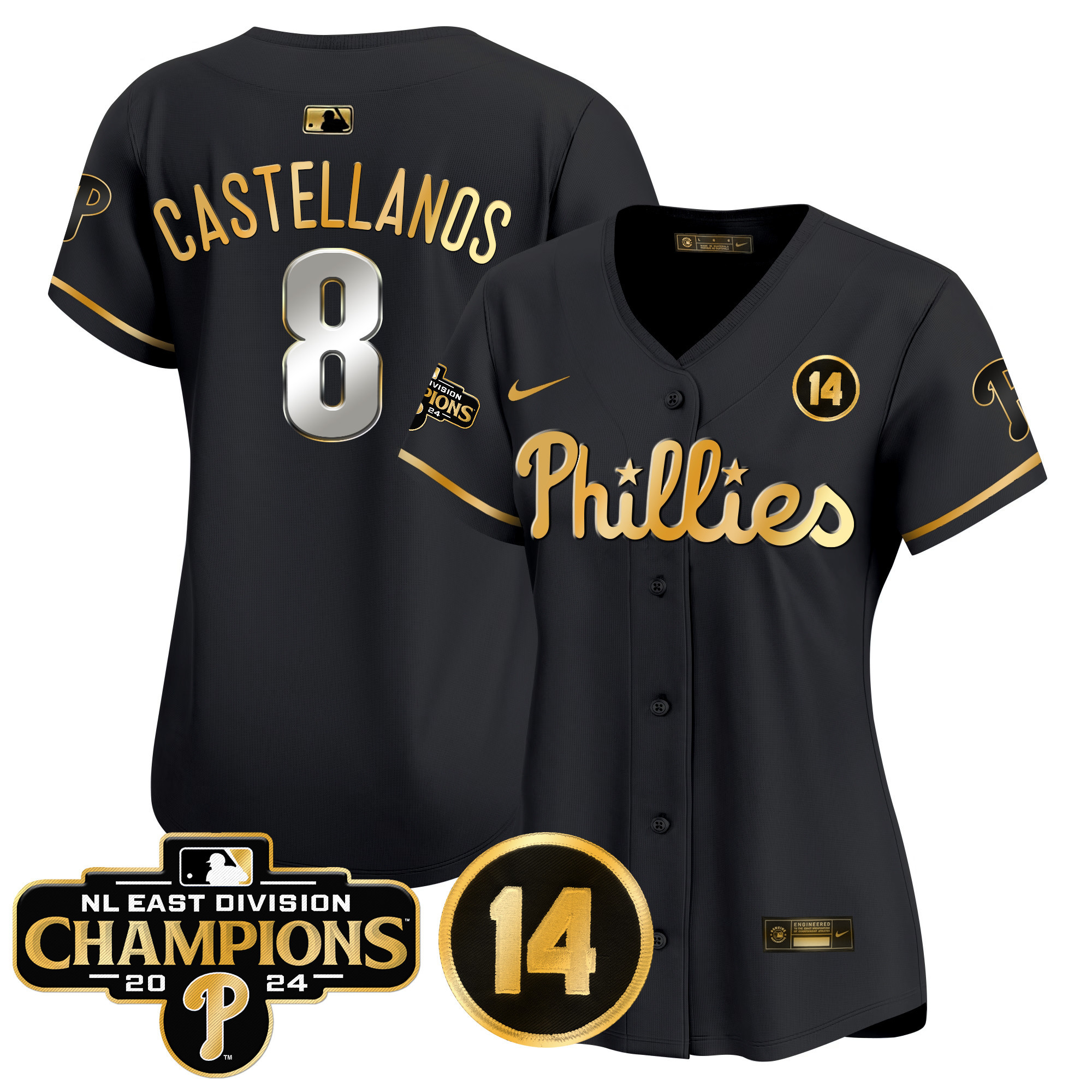 Women's Phillies 2024 NL East Division Champions & Pete Rose Patch Gold Vapor Premier Limited Jersey - All Stitched