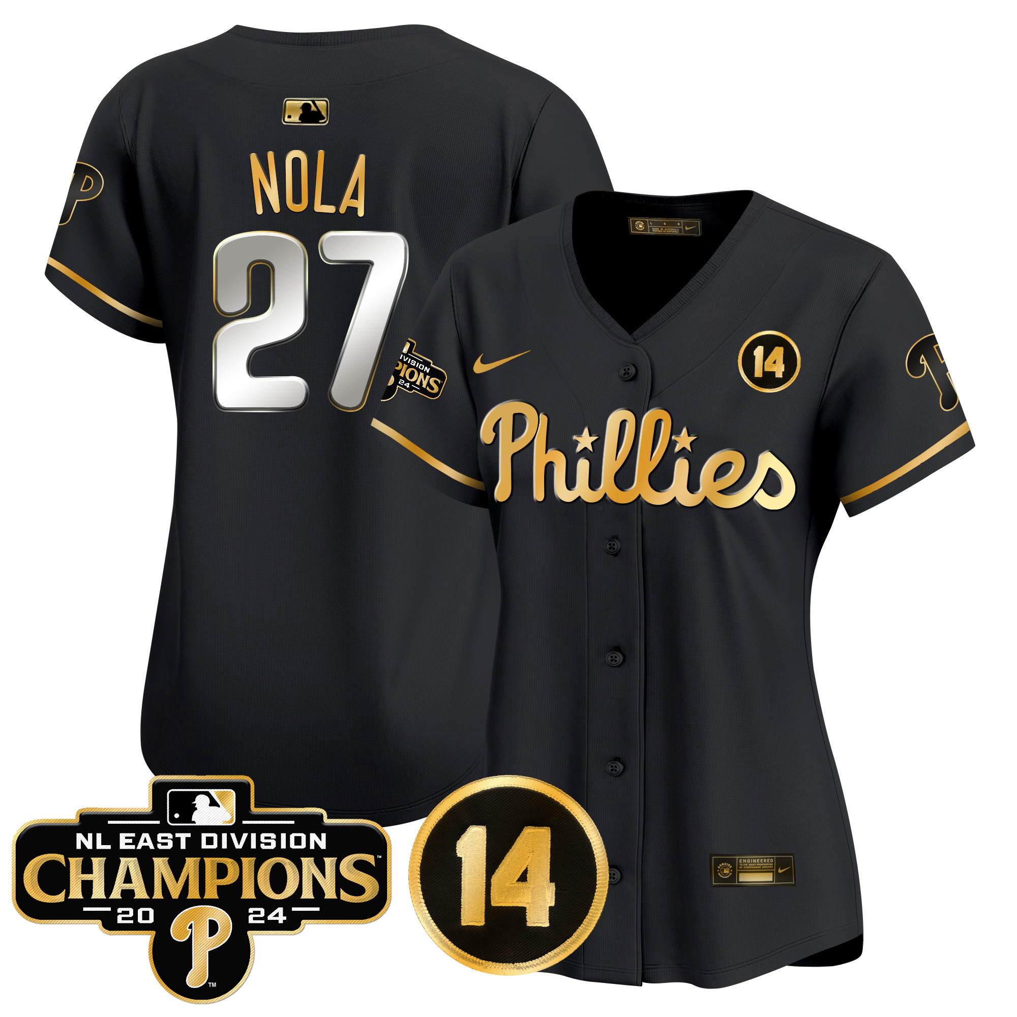 Women's Phillies 2024 NL East Division Champions & Pete Rose Patch Gold Vapor Premier Limited Jersey - All Stitched