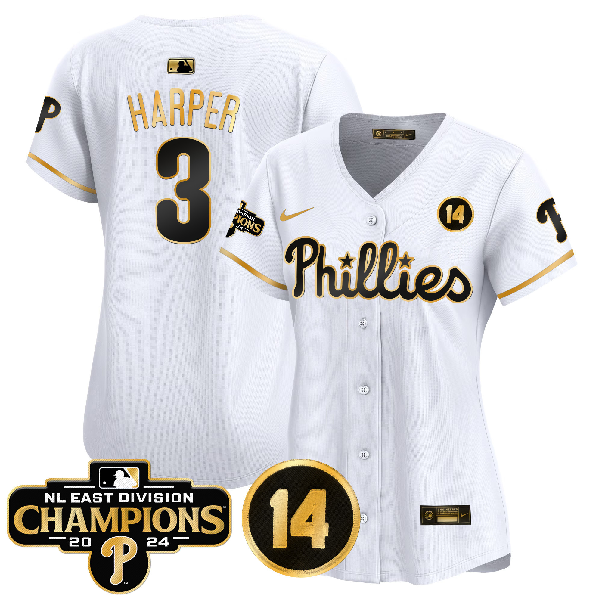 Women's Phillies 2024 NL East Division Champions & Pete Rose Patch Gold Vapor Premier Limited Jersey - All Stitched