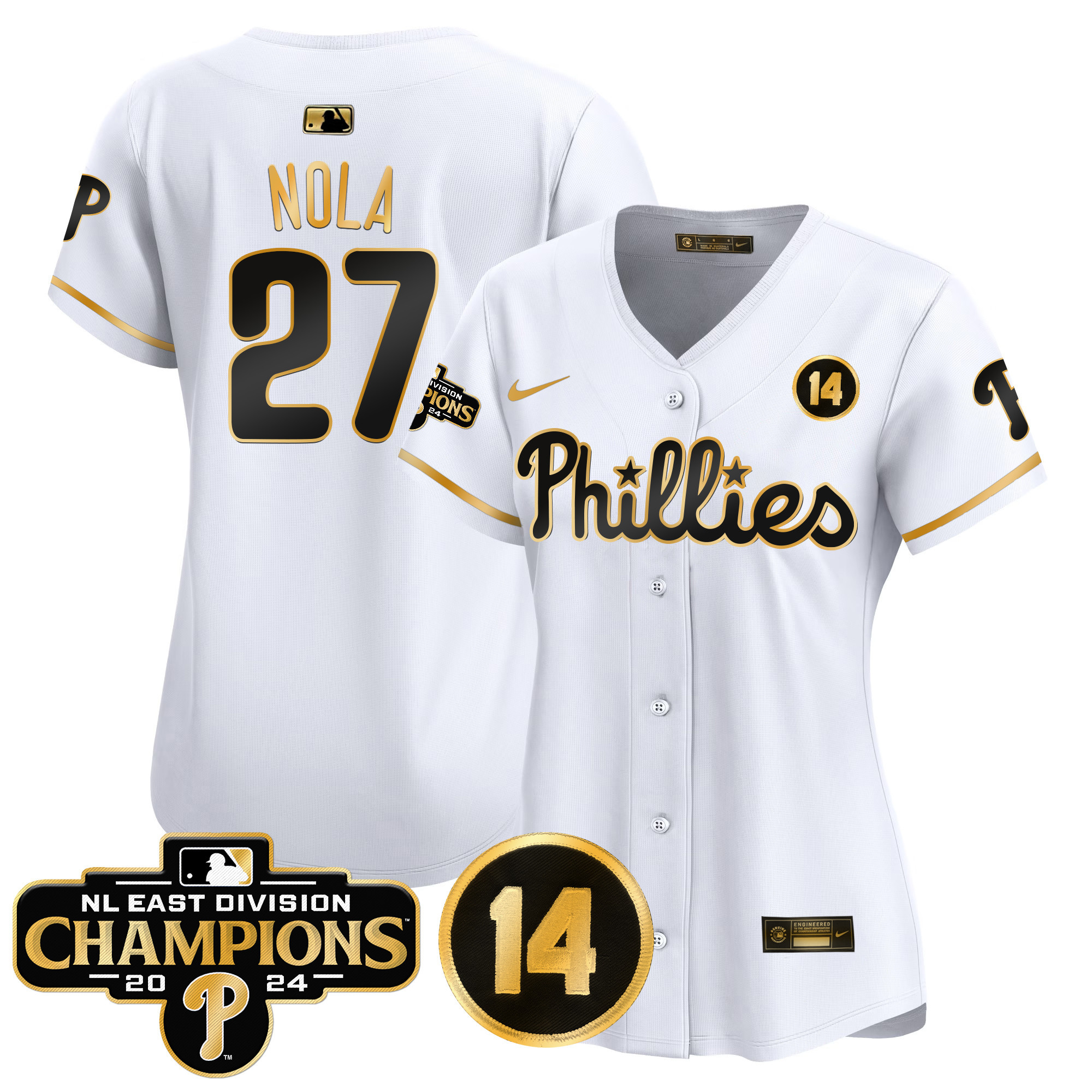 Women's Phillies 2024 NL East Division Champions & Pete Rose Patch Gold Vapor Premier Limited Jersey - All Stitched