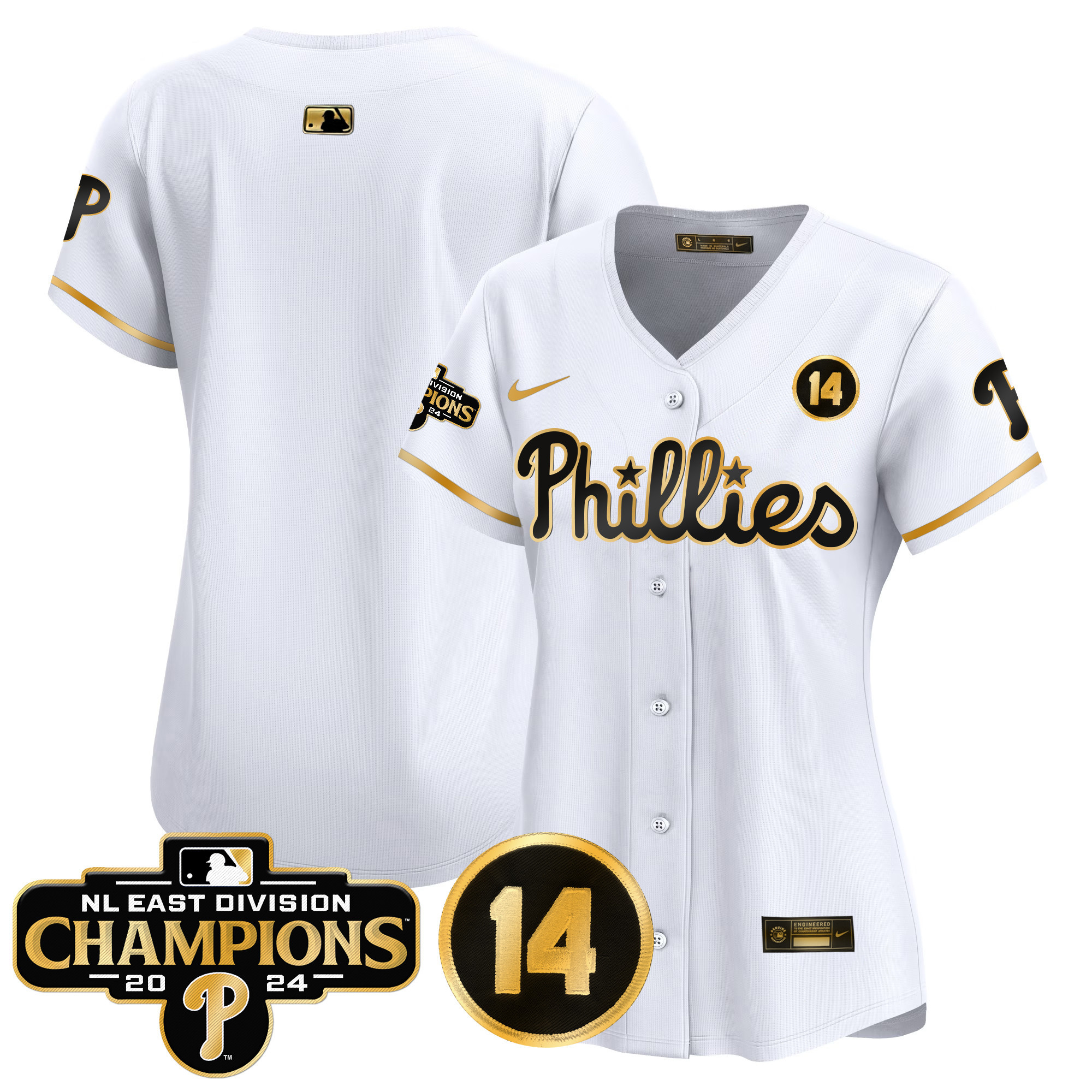 Women's Phillies 2024 NL East Division Champions & Pete Rose Patch Gold Vapor Premier Limited Jersey - All Stitched