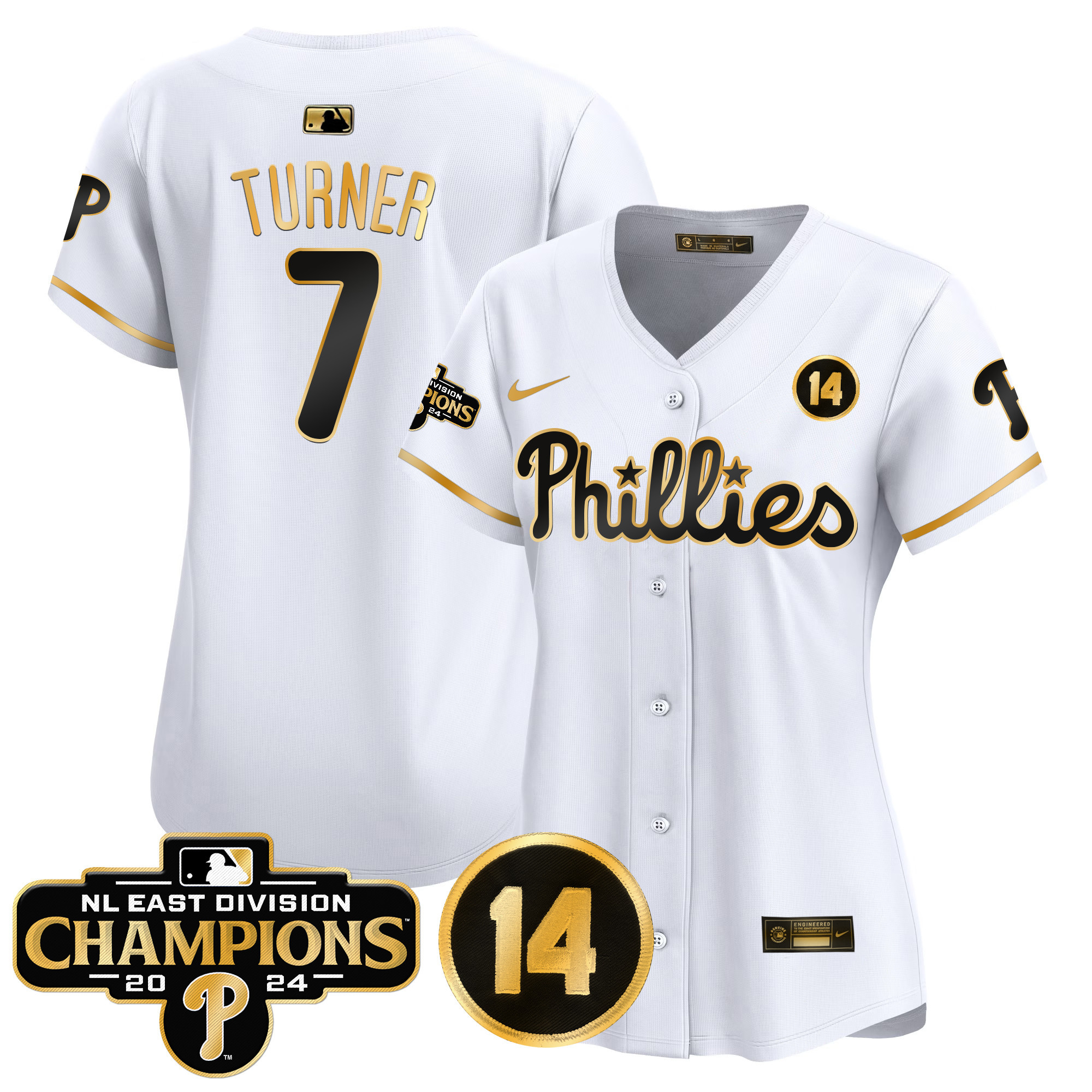 Women's Phillies 2024 NL East Division Champions & Pete Rose Patch Gold Vapor Premier Limited Jersey - All Stitched